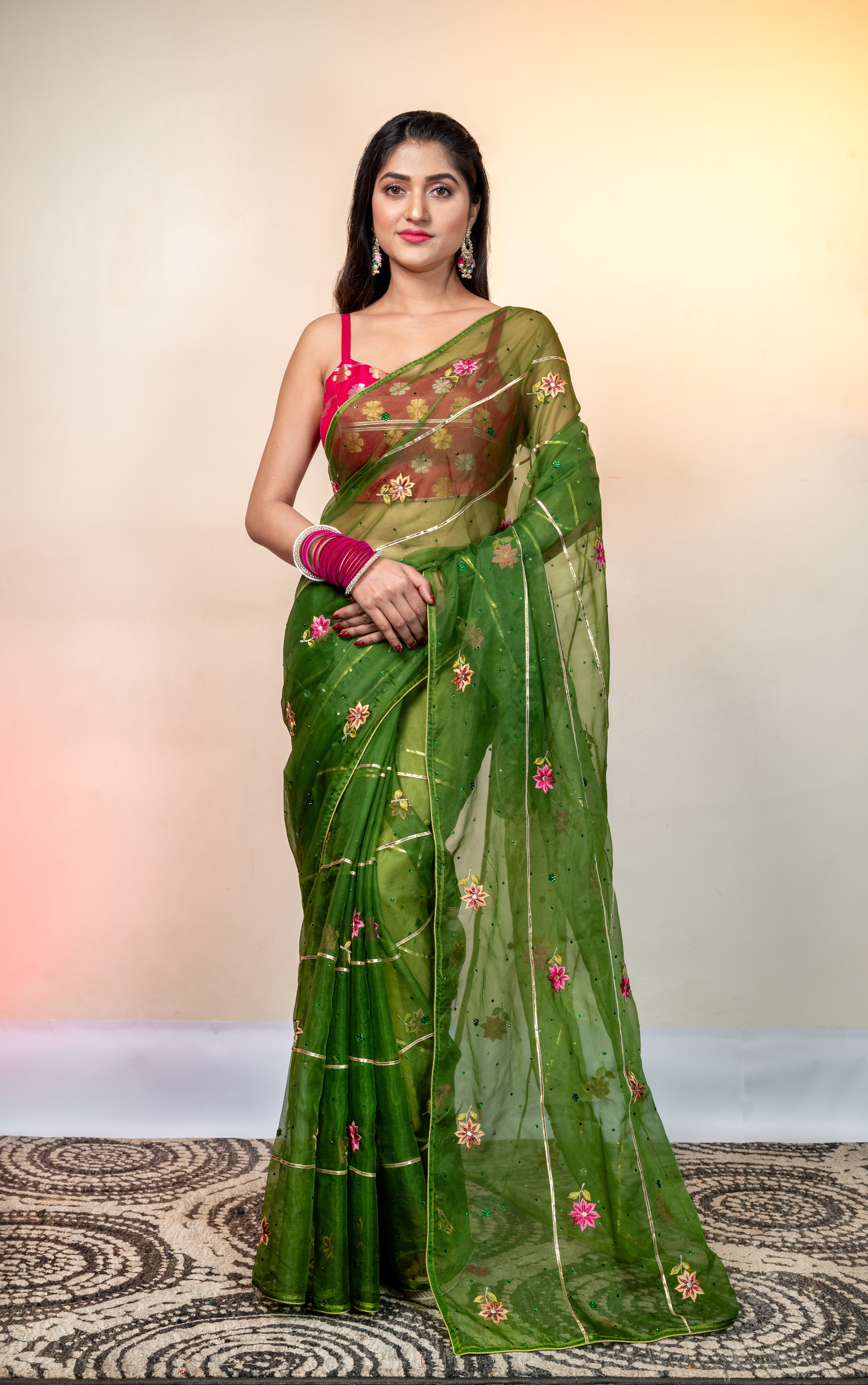 Women's Pine Green Embroidered Organza Saree With Gota Work - Aanika