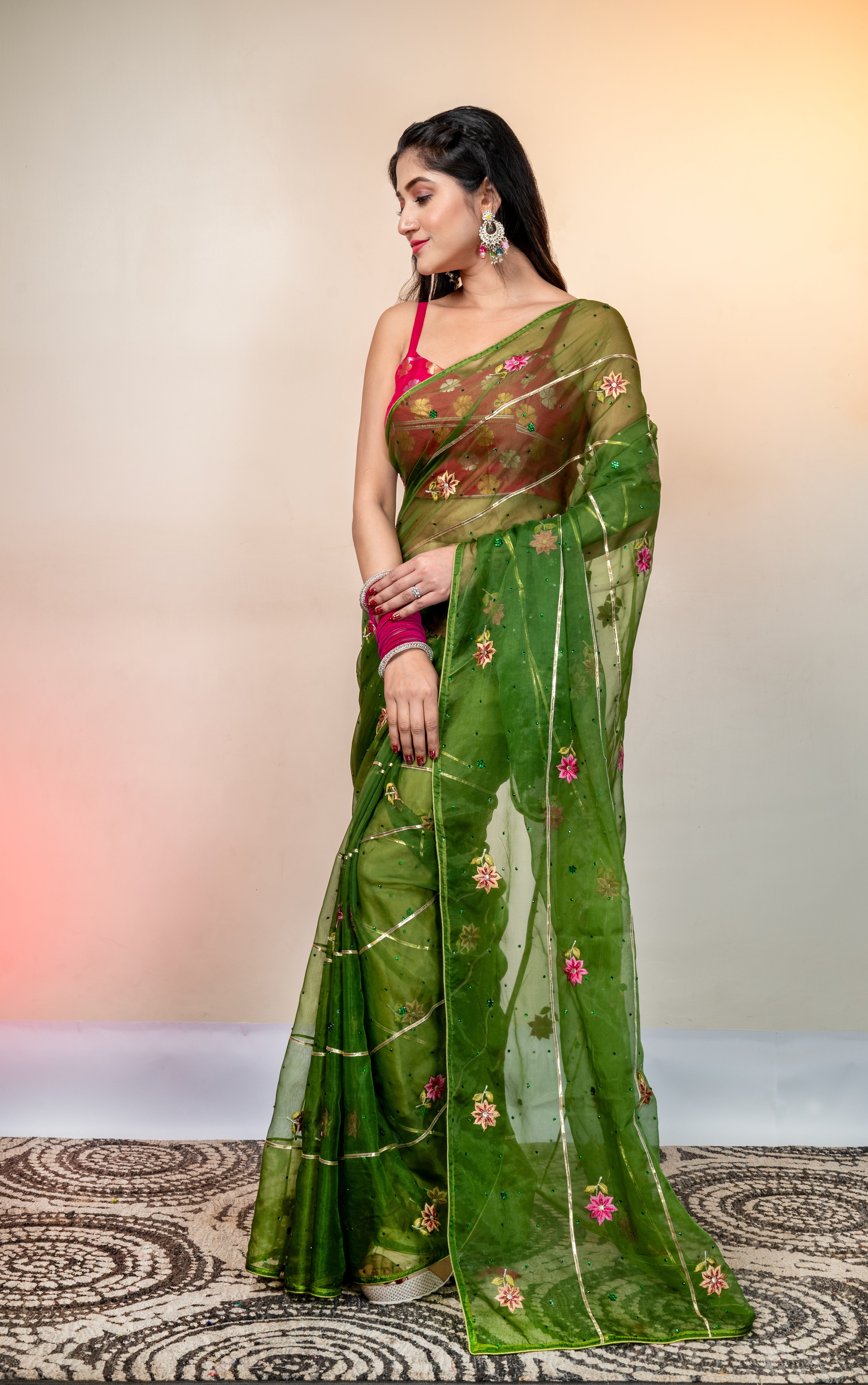 Women's Pine Green Embroidered Organza Saree With Gota Work - Aanika