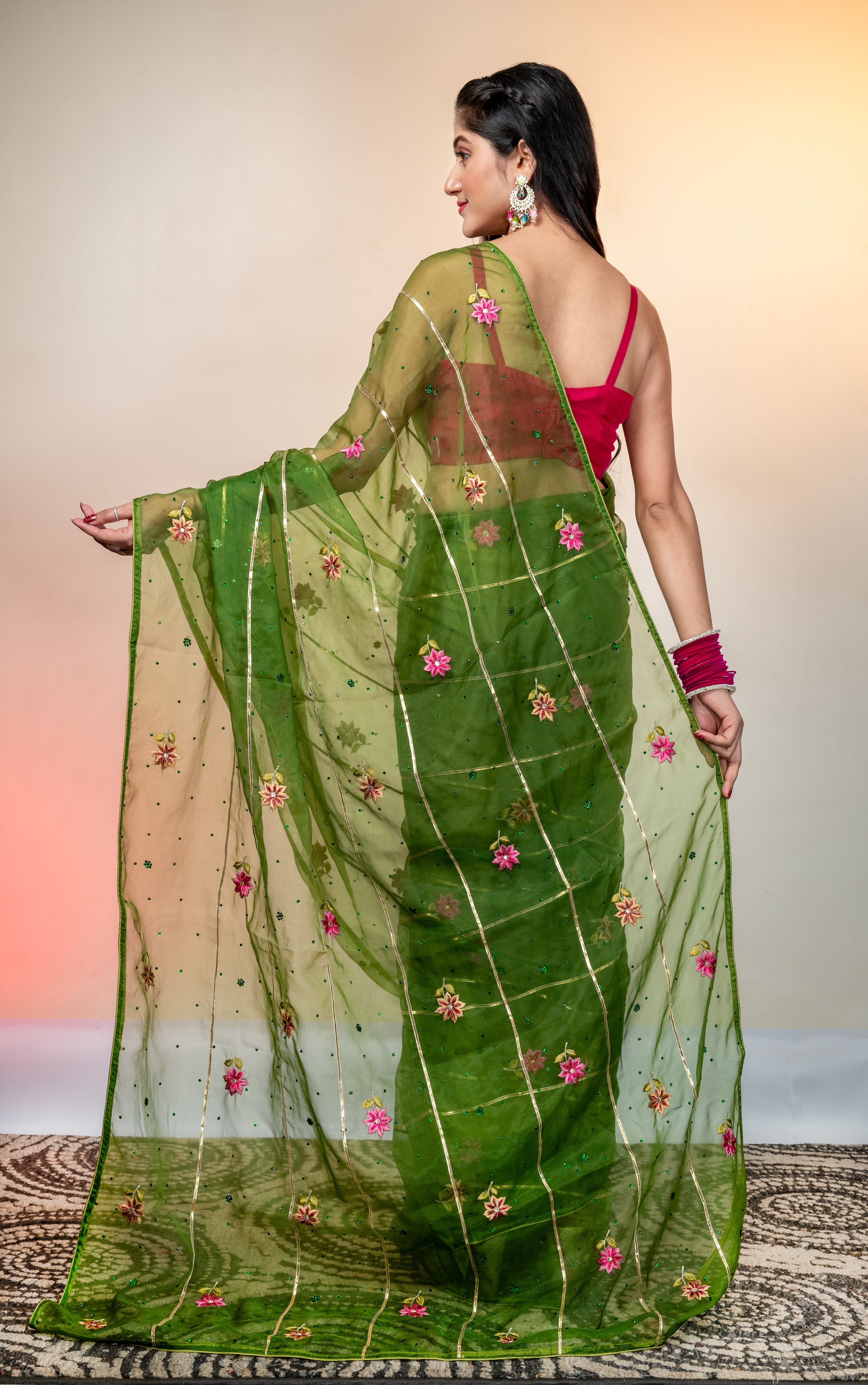 Women's Pine Green Embroidered Organza Saree With Gota Work - Aanika