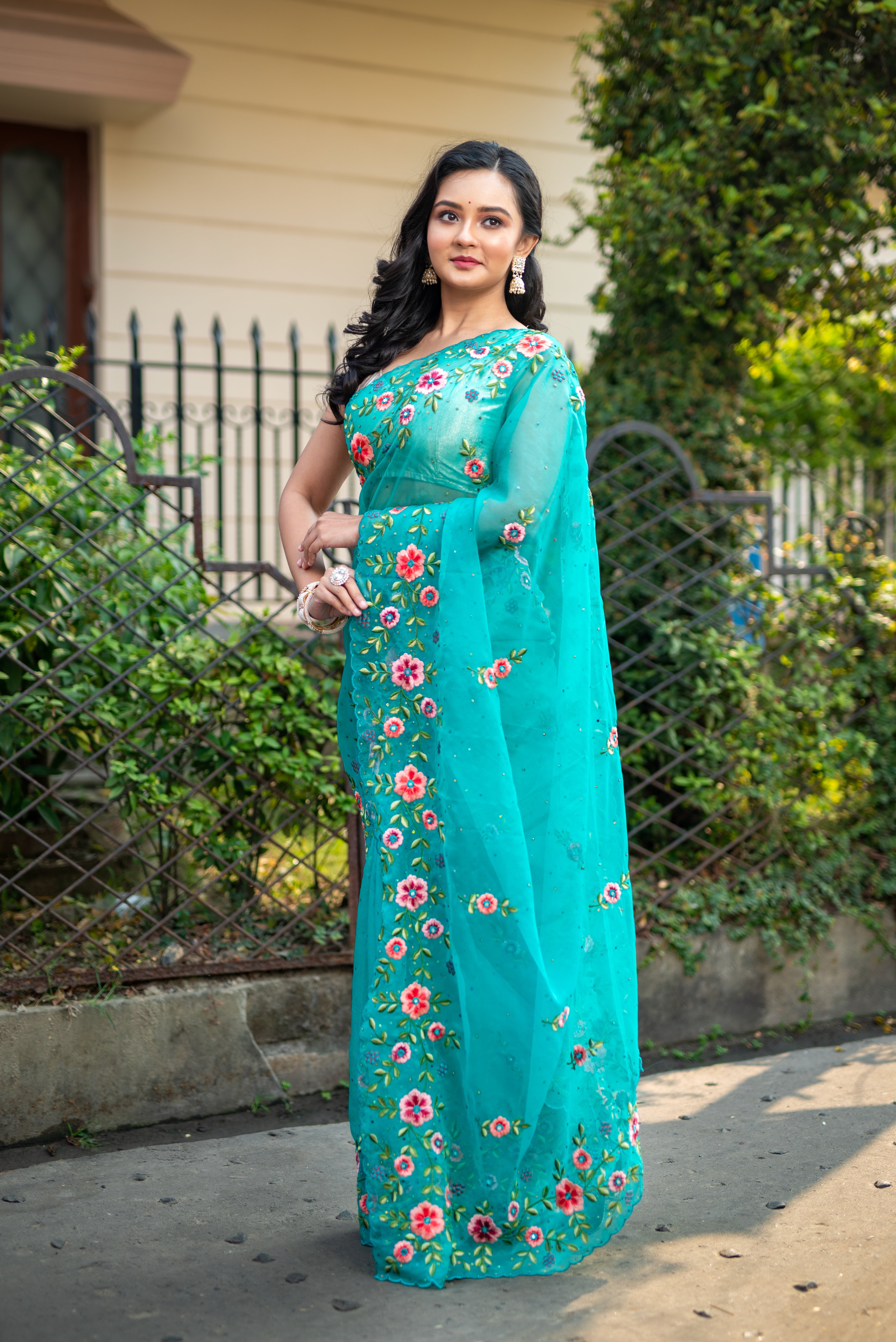 Women's Teal Blue Organza Saree With Multicolor Machine Embroidery Work - Aanika