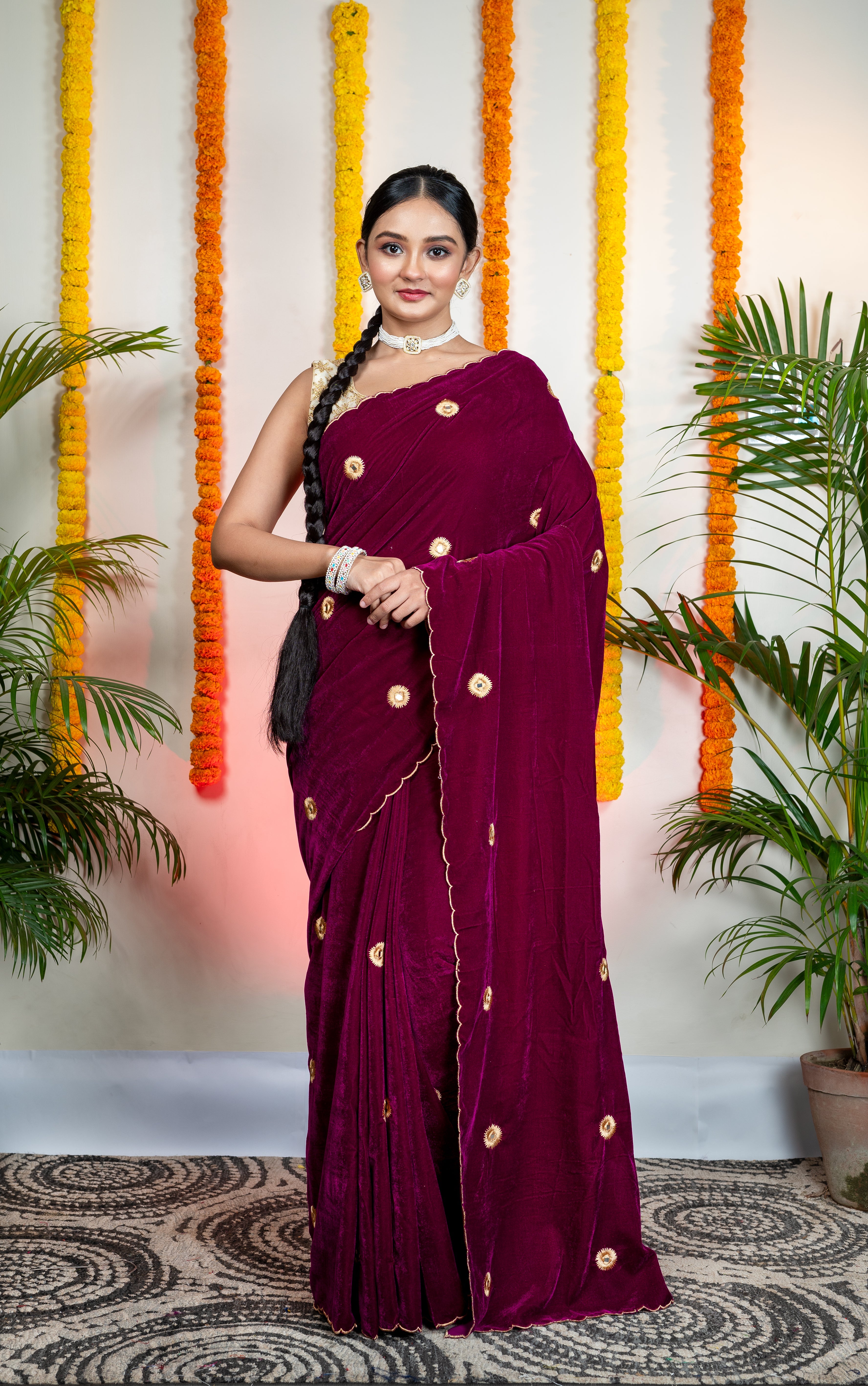 Women's Magenta Velvet Machine Embroidered Saree - Aanika