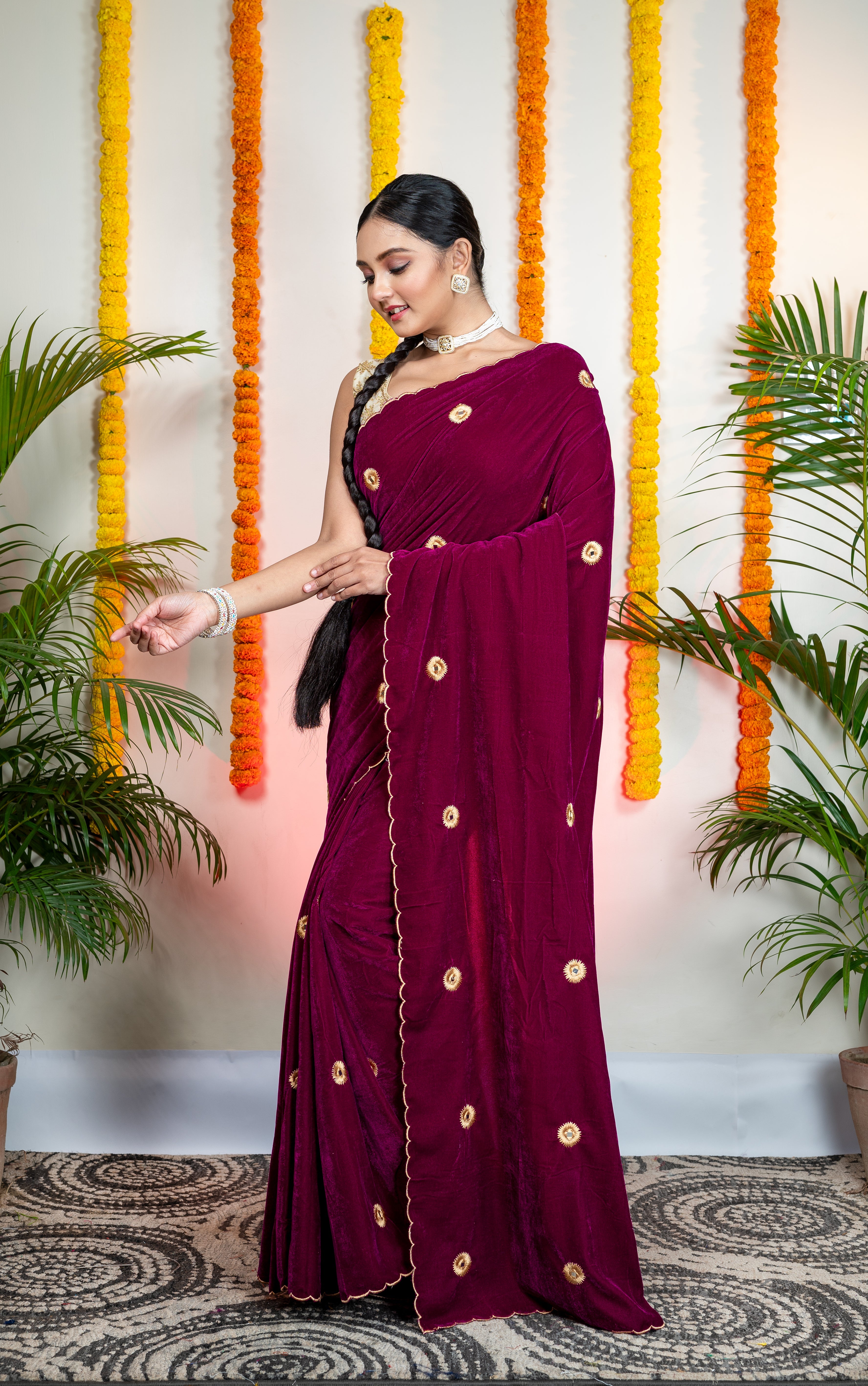 Women's Magenta Velvet Machine Embroidered Saree - Aanika