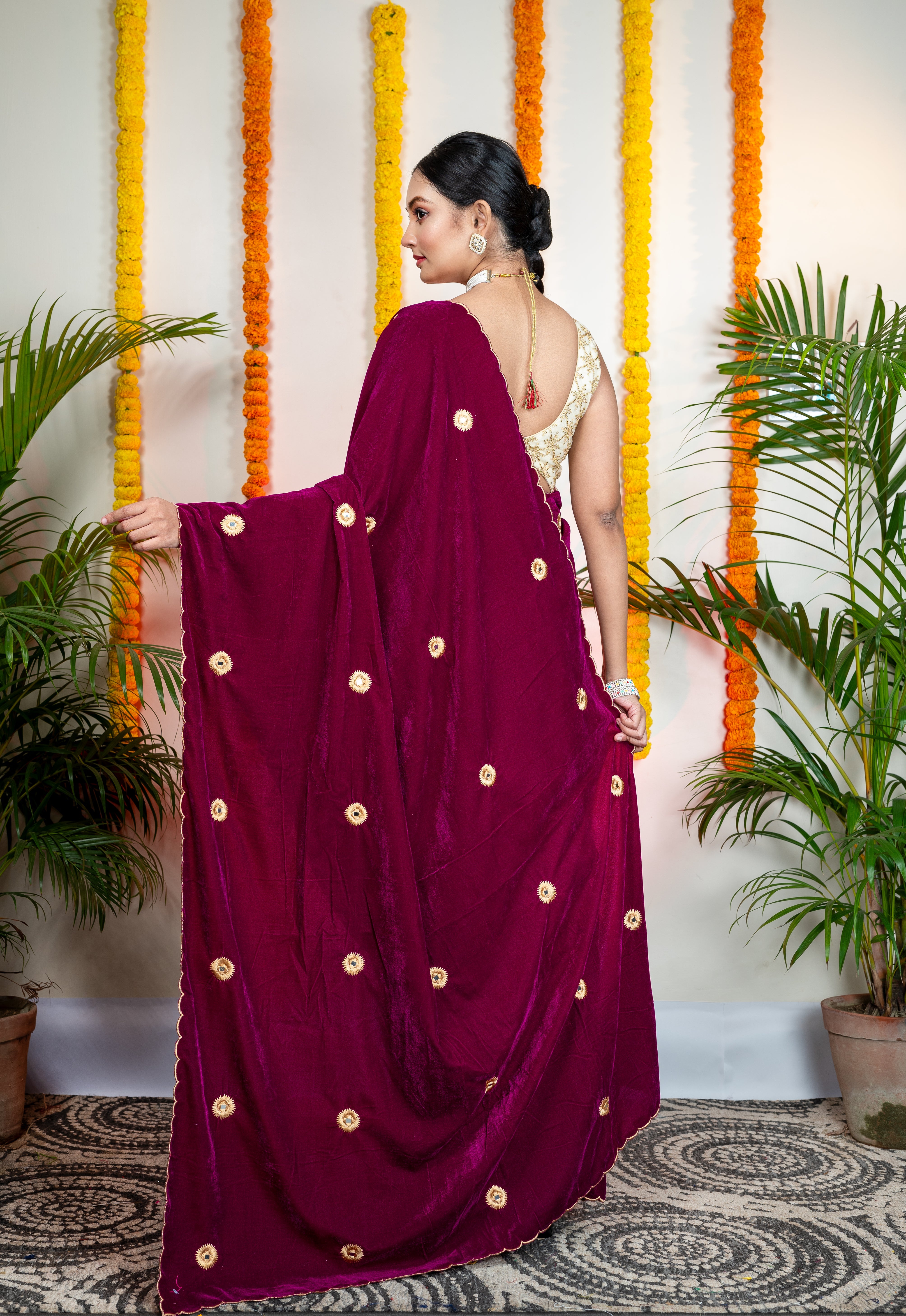 Women's Magenta Velvet Machine Embroidered Saree - Aanika