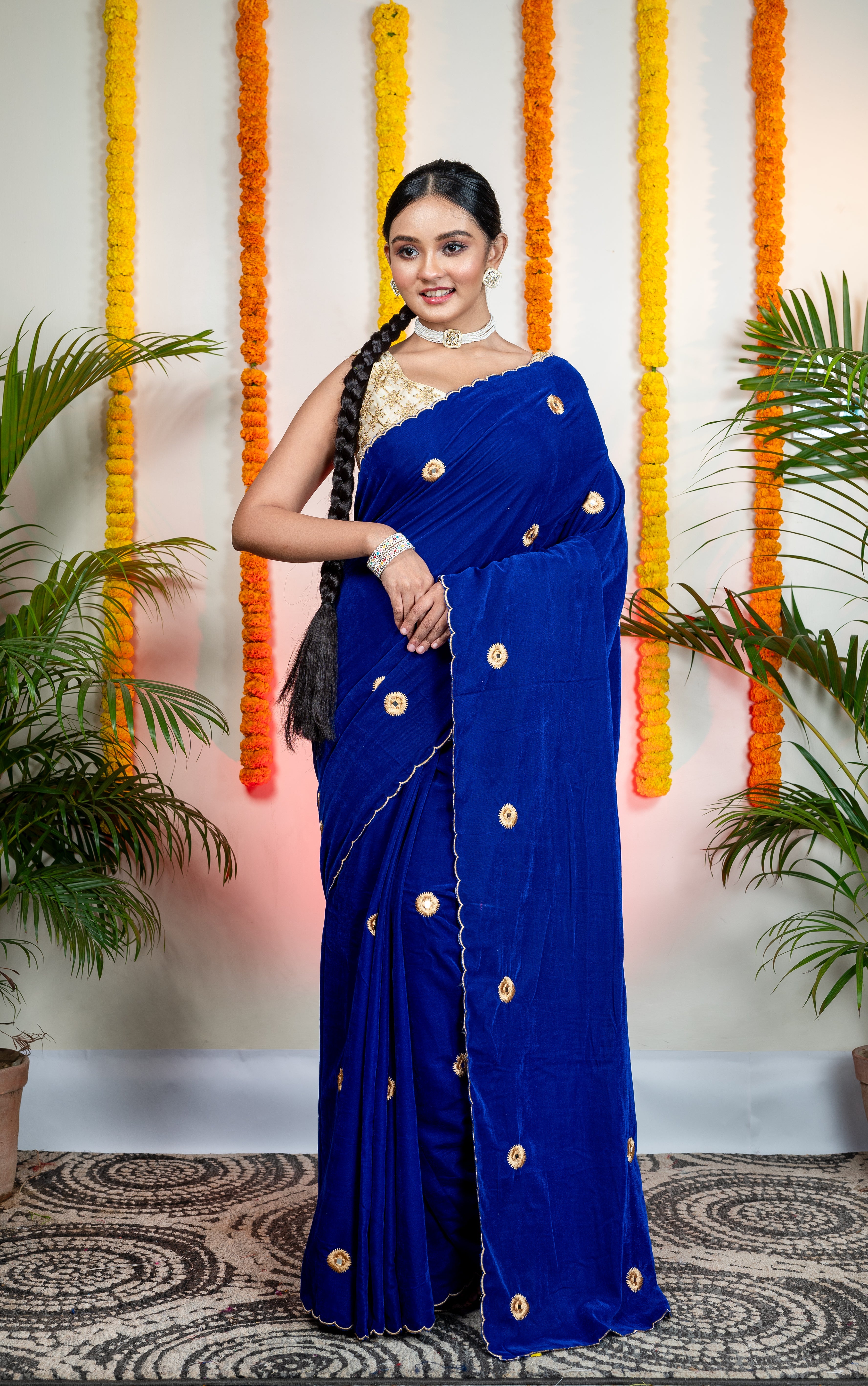 Women's Royal Blue Velvet Machine Embroidered Saree - Aanika