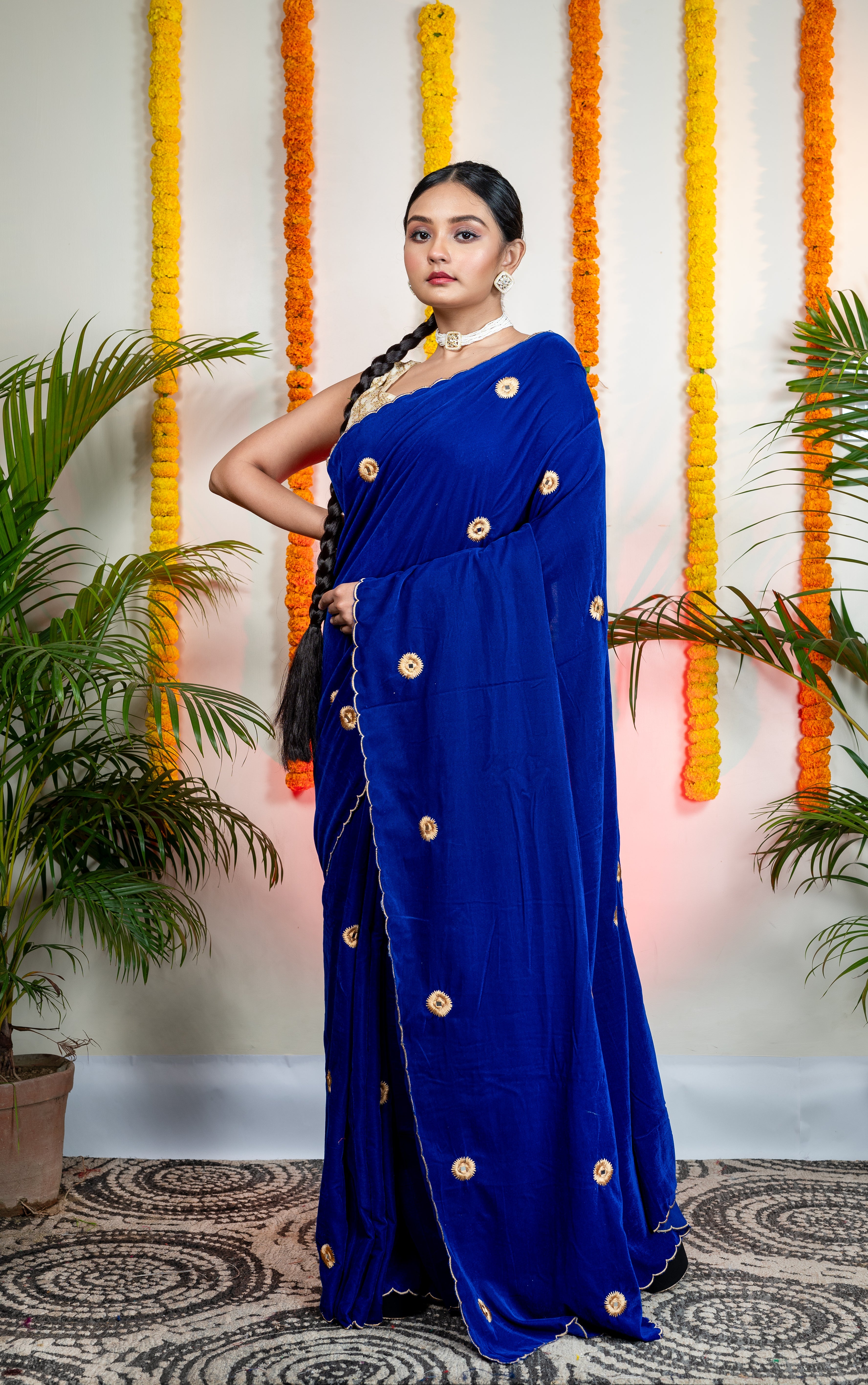 Women's Royal Blue Velvet Machine Embroidered Saree - Aanika