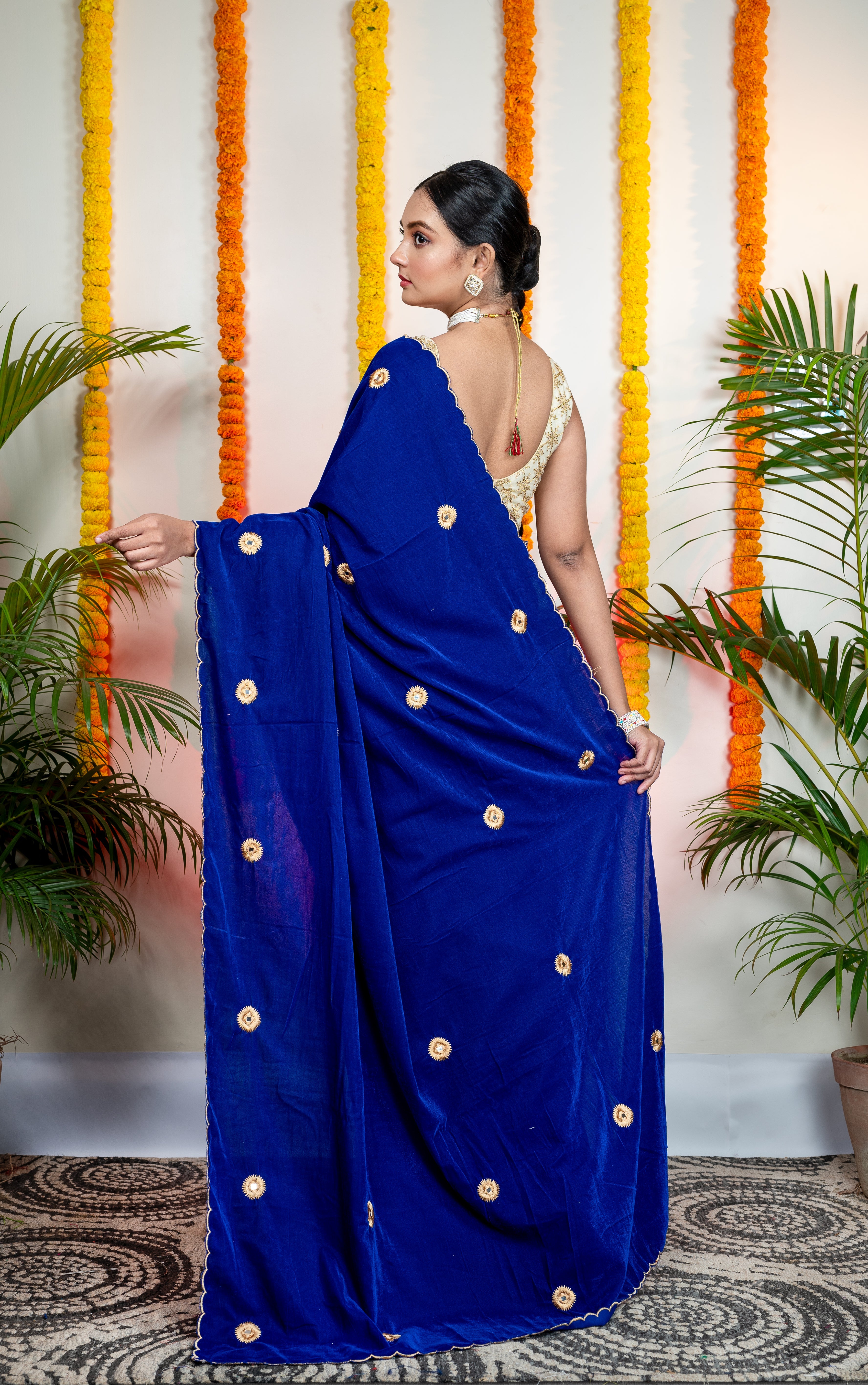 Women's Royal Blue Velvet Machine Embroidered Saree - Aanika