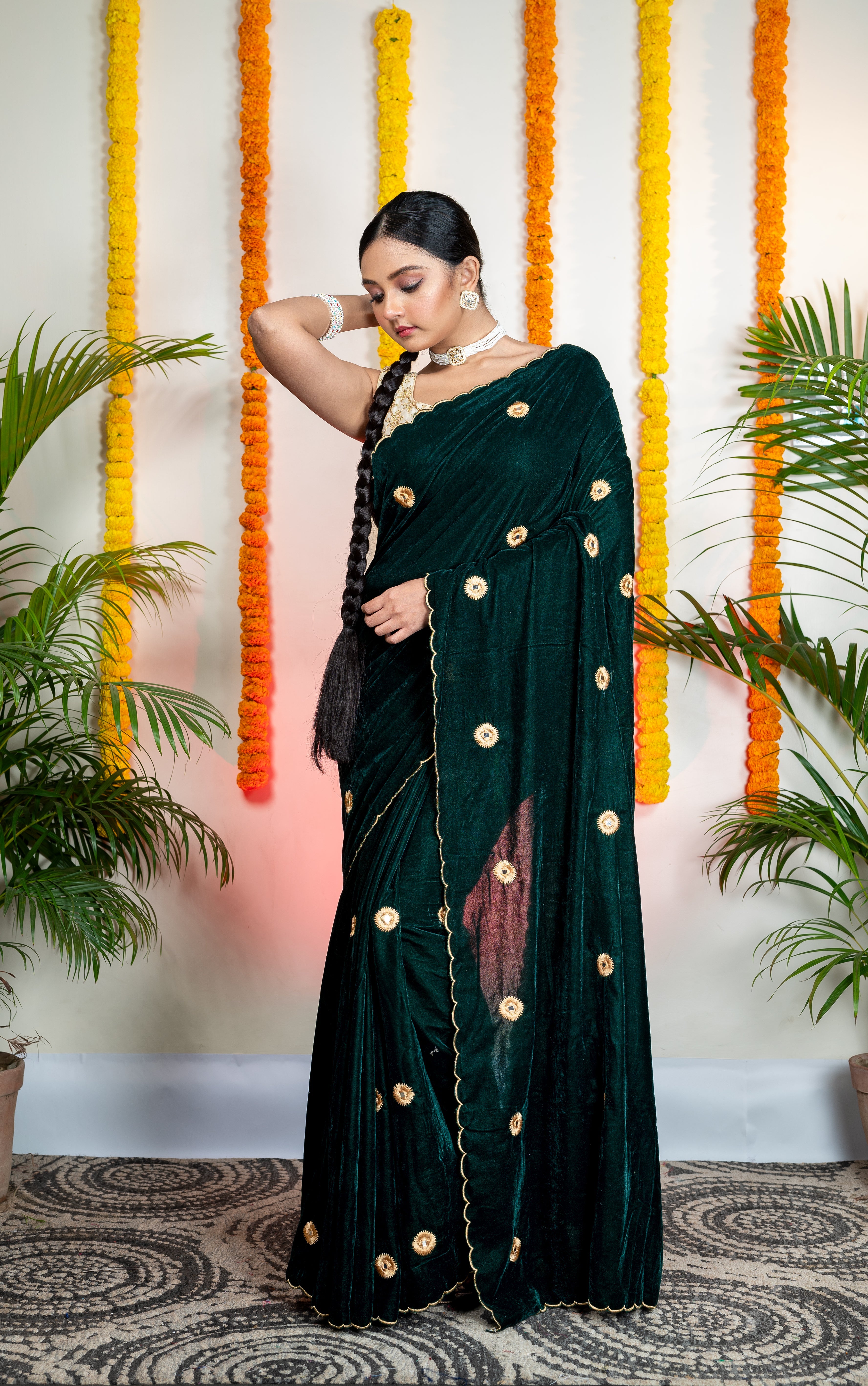 Women's Dark Green Velvet Machine Embroidered Saree - Aanika