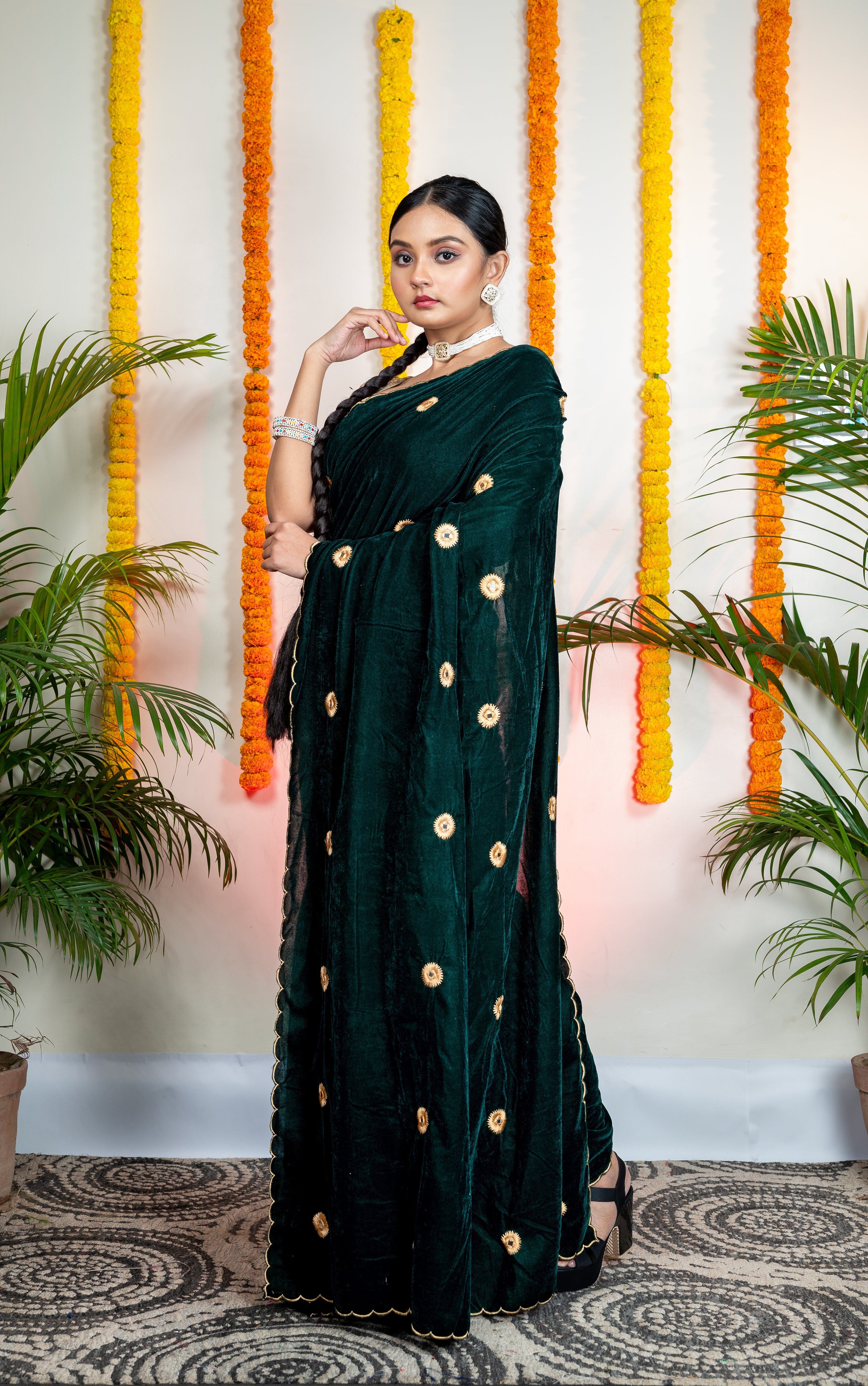 Women's Dark Green Velvet Machine Embroidered Saree - Aanika