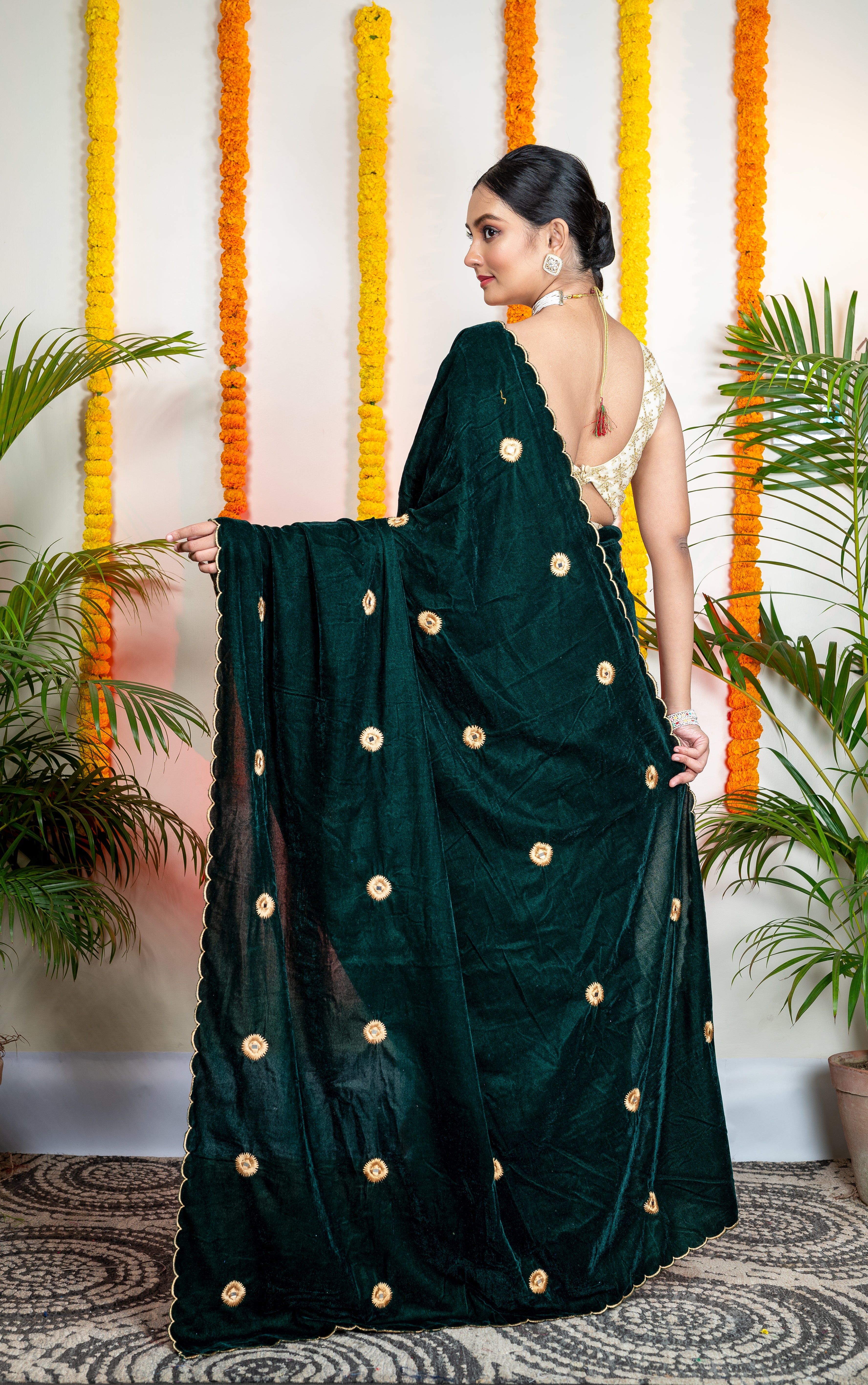 Women's Dark Green Velvet Machine Embroidered Saree - Aanika