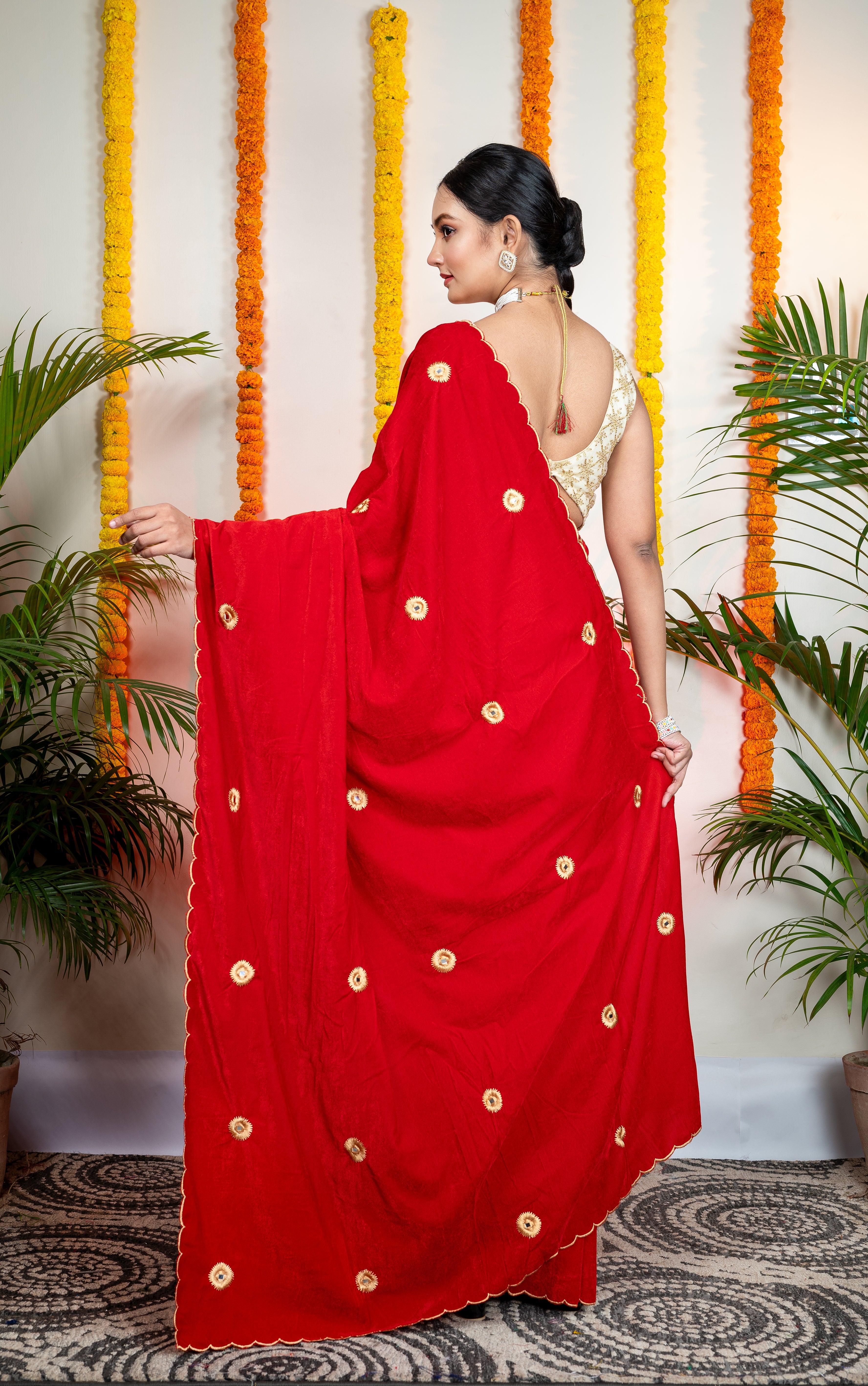 Women's Red Velvet Machine Embroidered Saree - Aanika