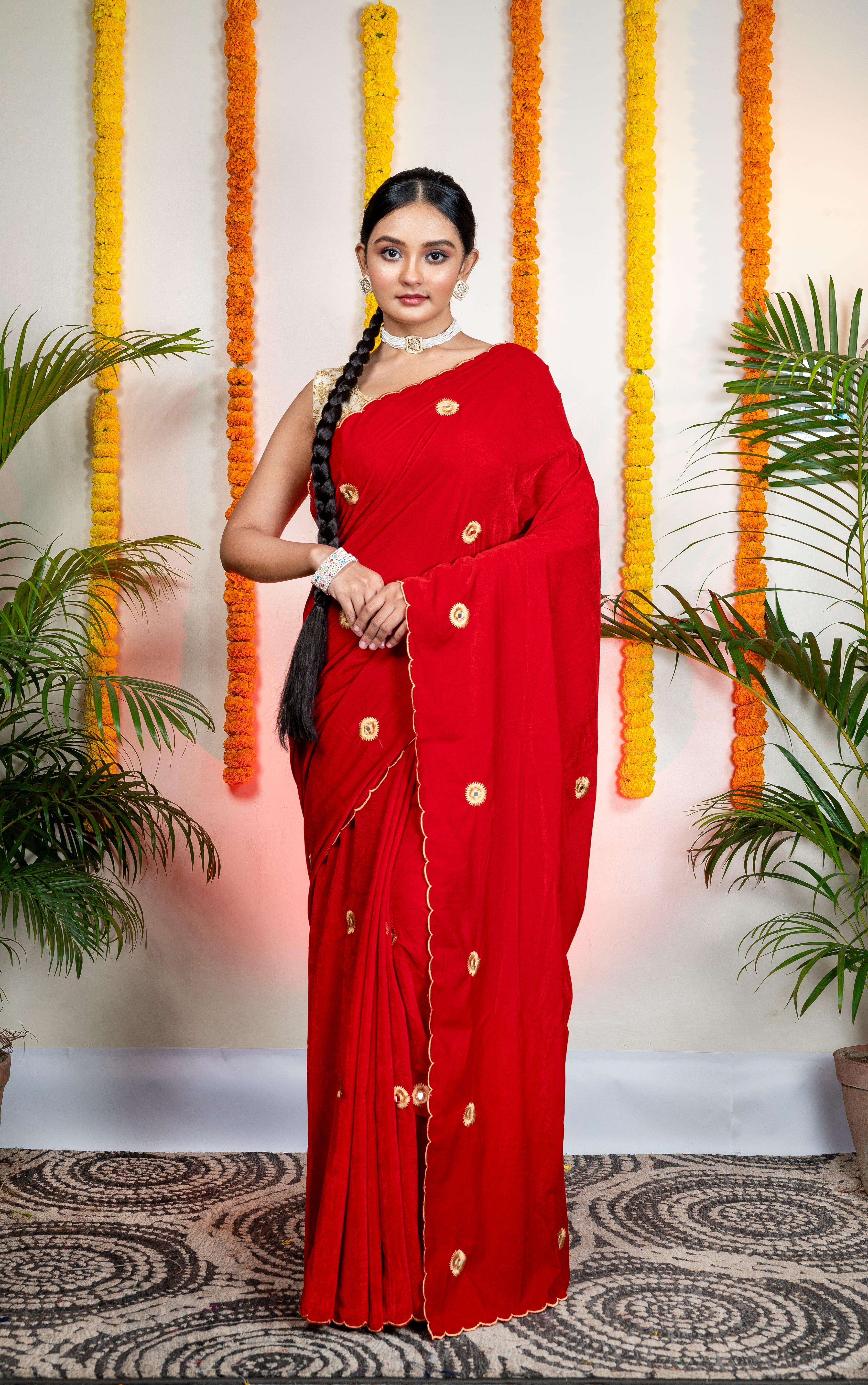 Women's Red Velvet Machine Embroidered Saree - Aanika