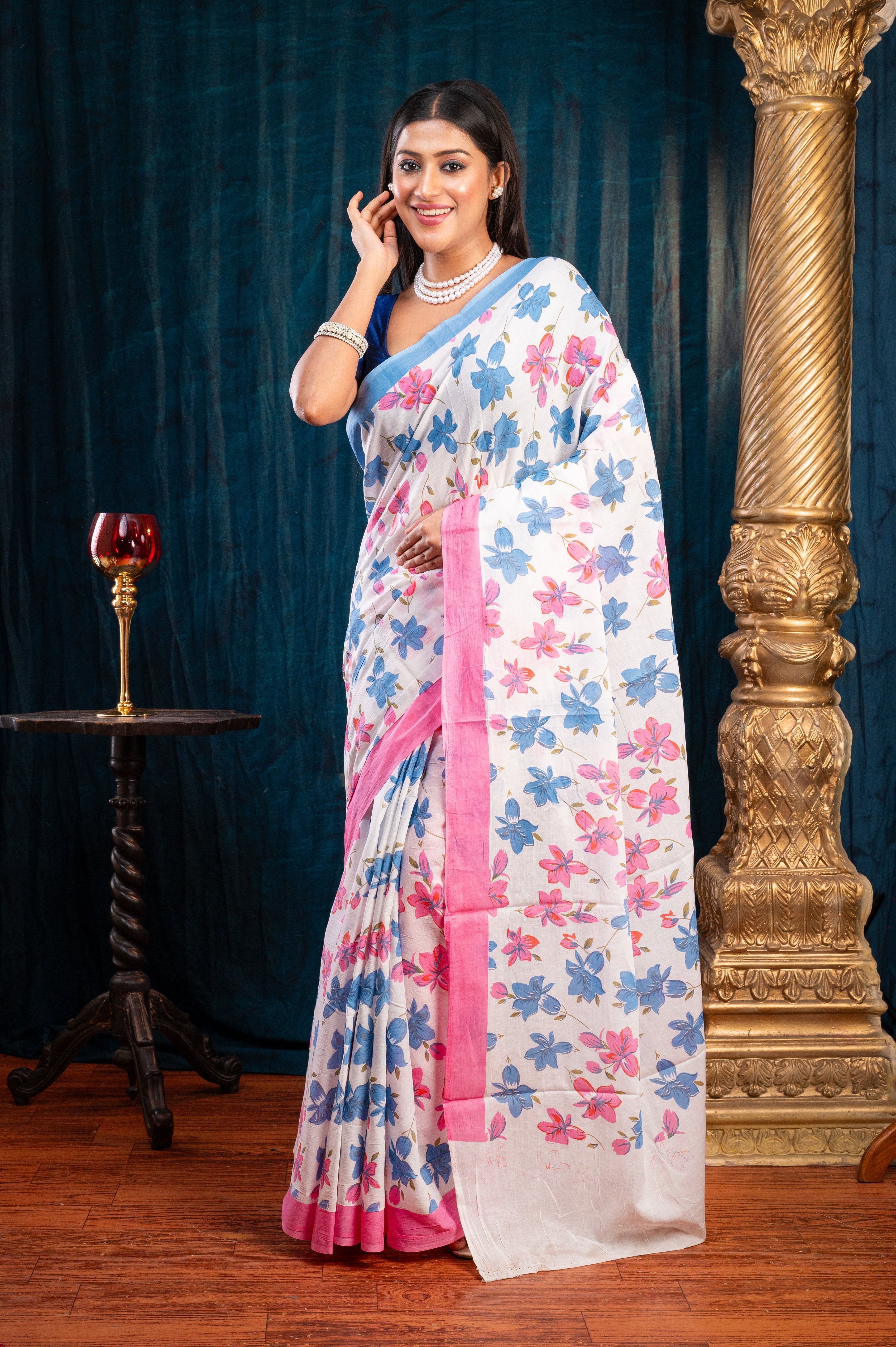 Women's Off-white Pure Bagru Malmal Cotton Saree With Pink And Blue Flower Print - Aanika