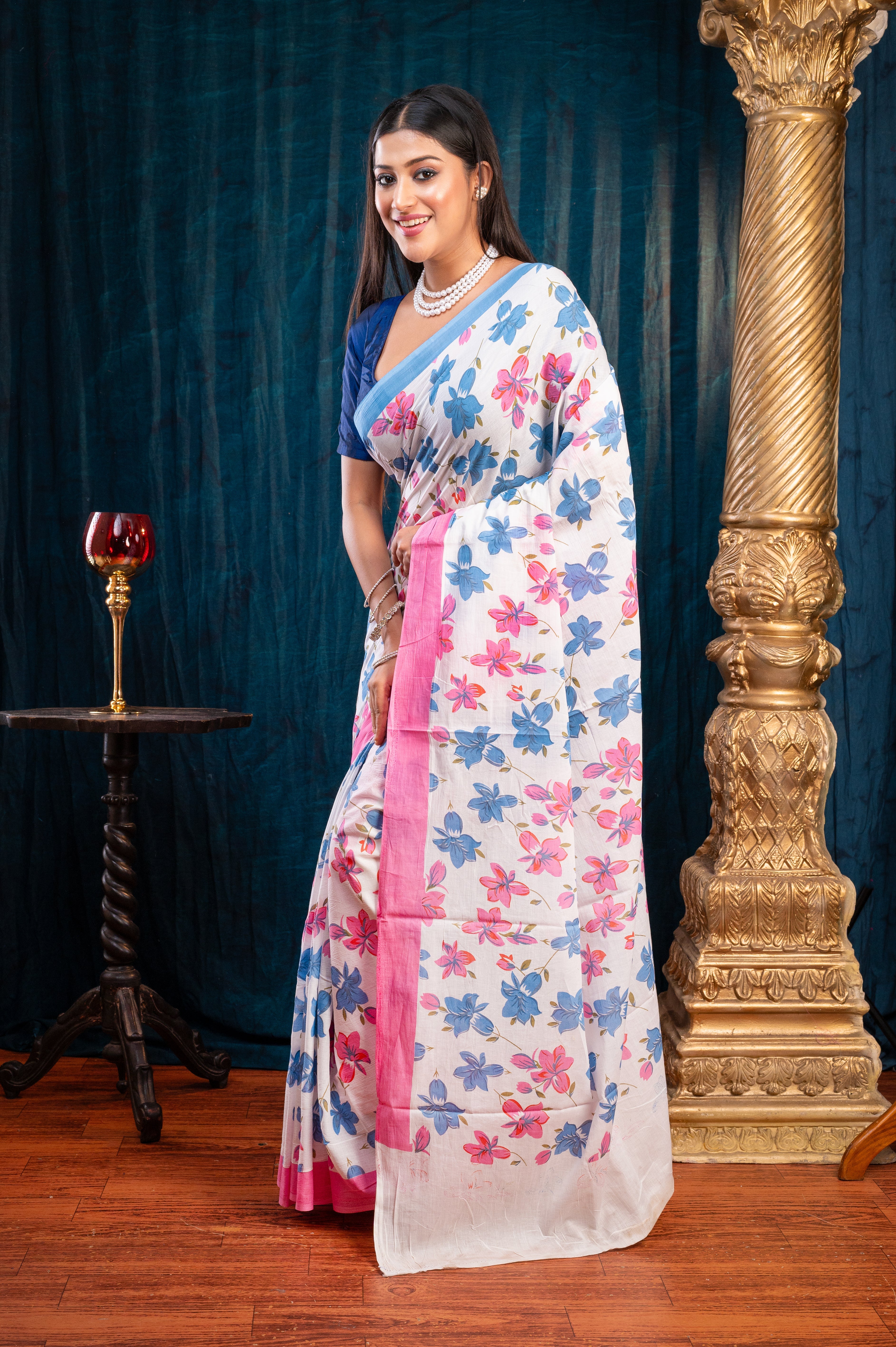 Women's Off-white Pure Bagru Malmal Cotton Saree With Pink And Blue Flower Print - Aanika