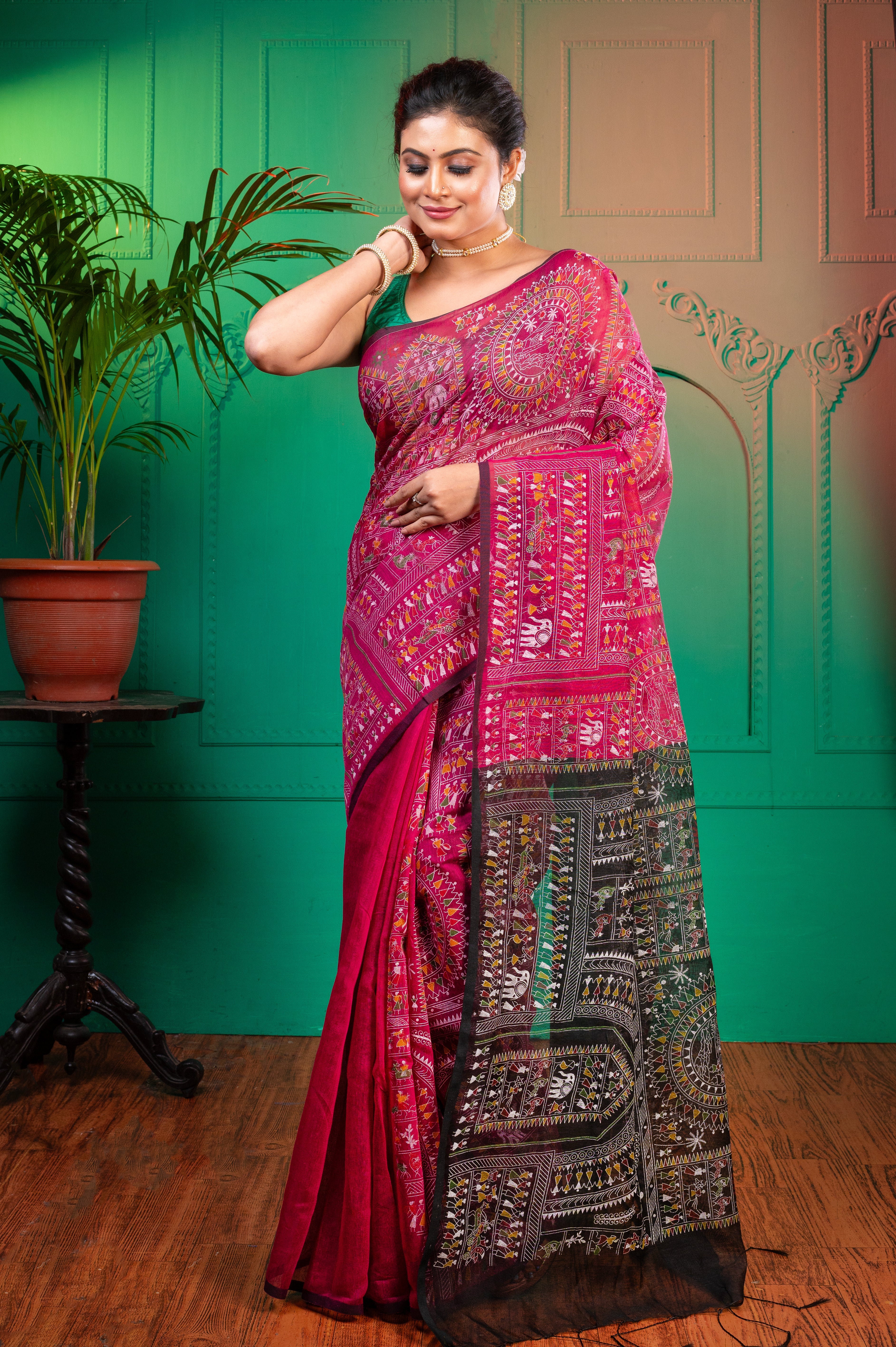 Women's Pink And Black Blended Cotton Saree With Warli Motifs - Aanika