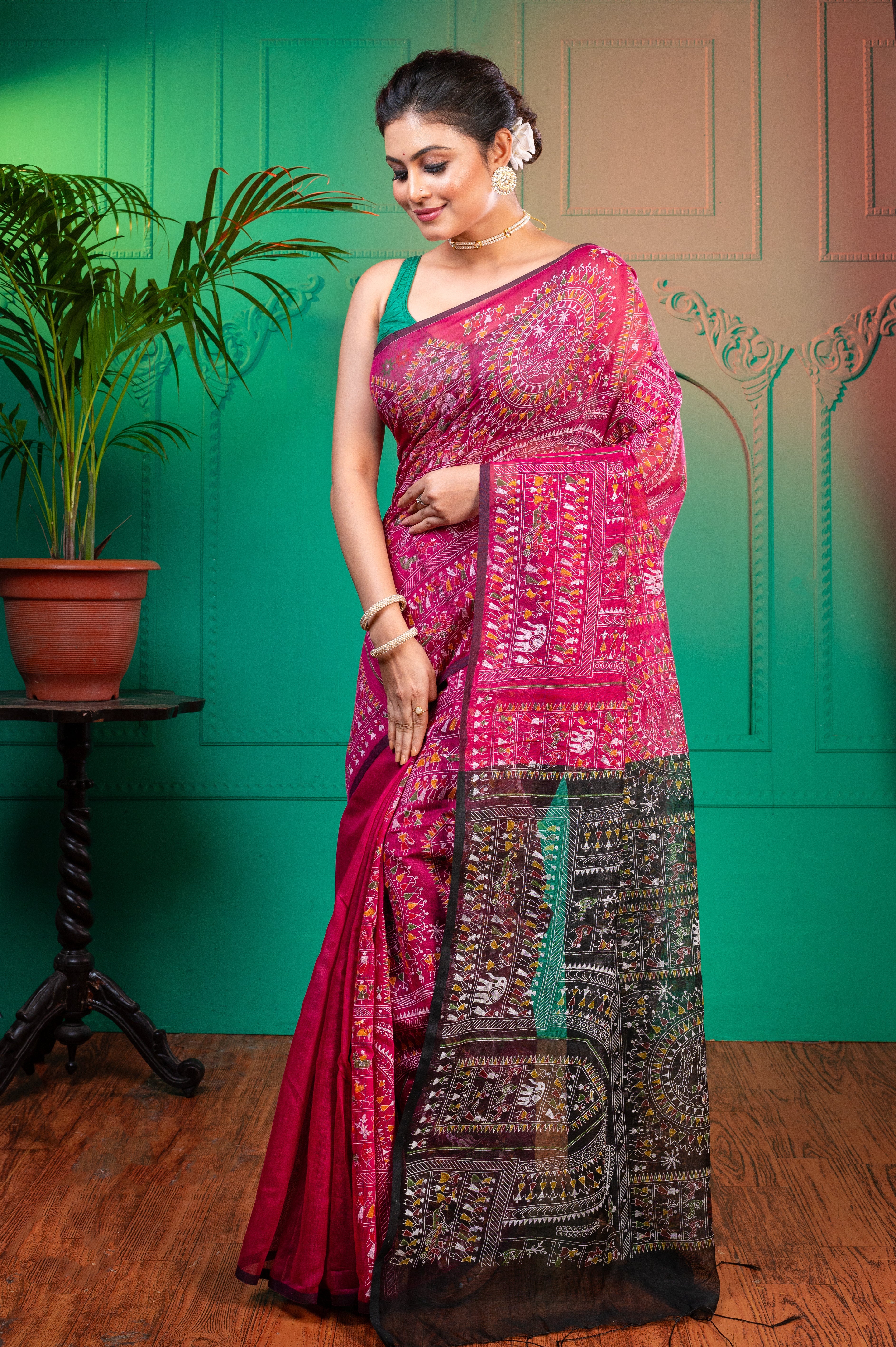 Women's Pink And Black Blended Cotton Saree With Warli Motifs - Aanika