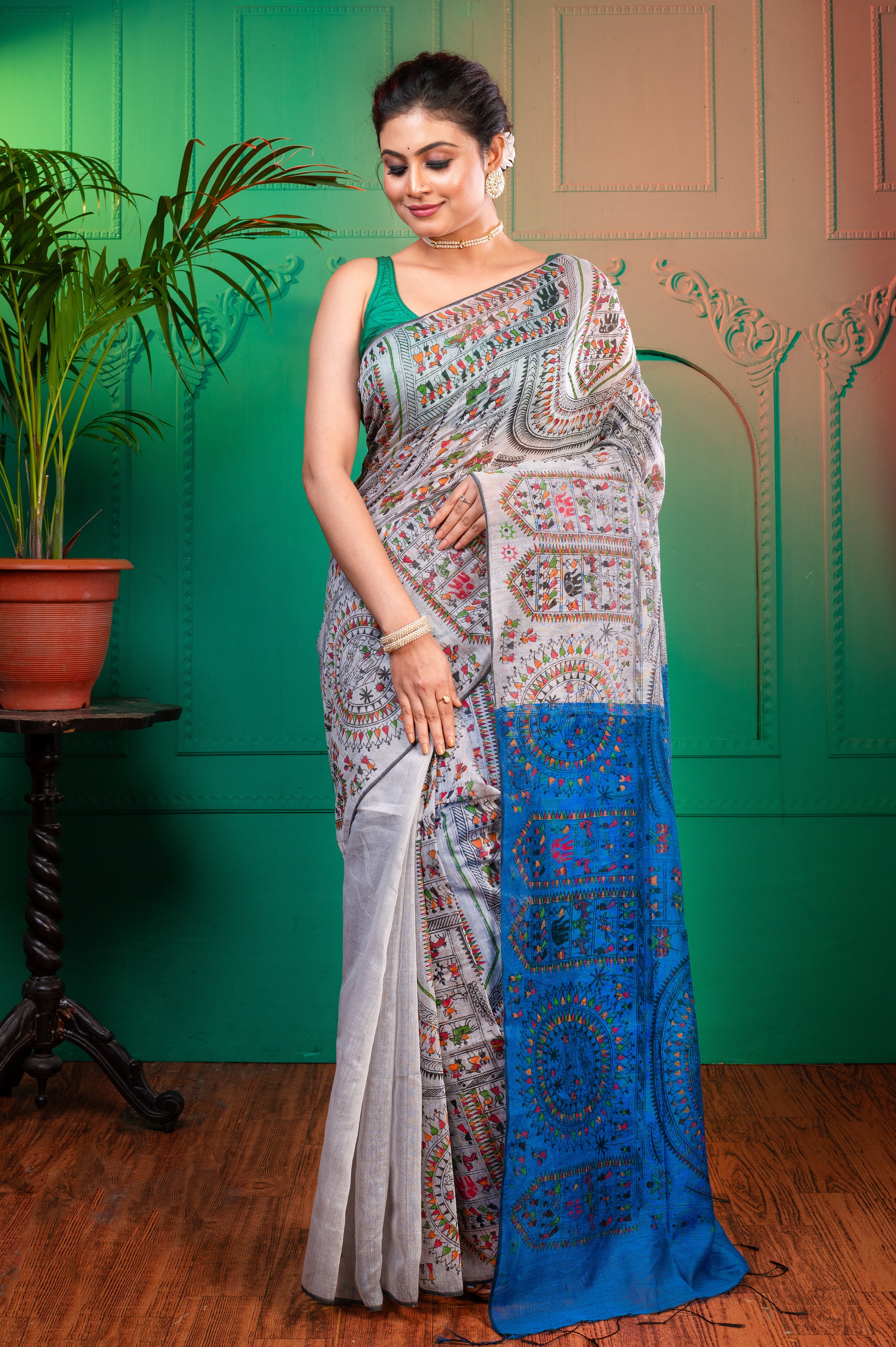 Women's Grey And Blue Blended Cotton Saree With Warli Motifs - Aanika