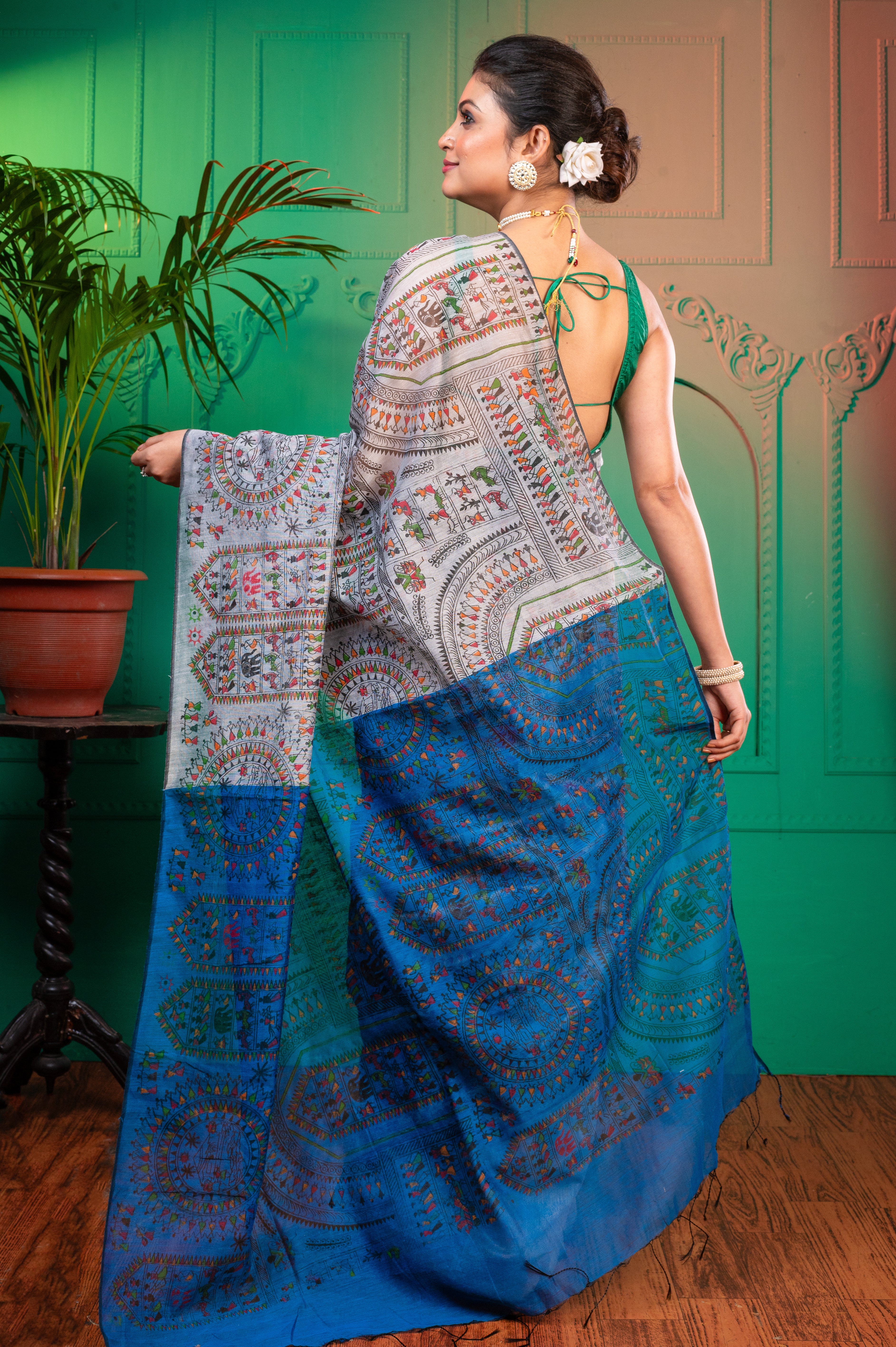 Women's Grey And Blue Blended Cotton Saree With Warli Motifs - Aanika