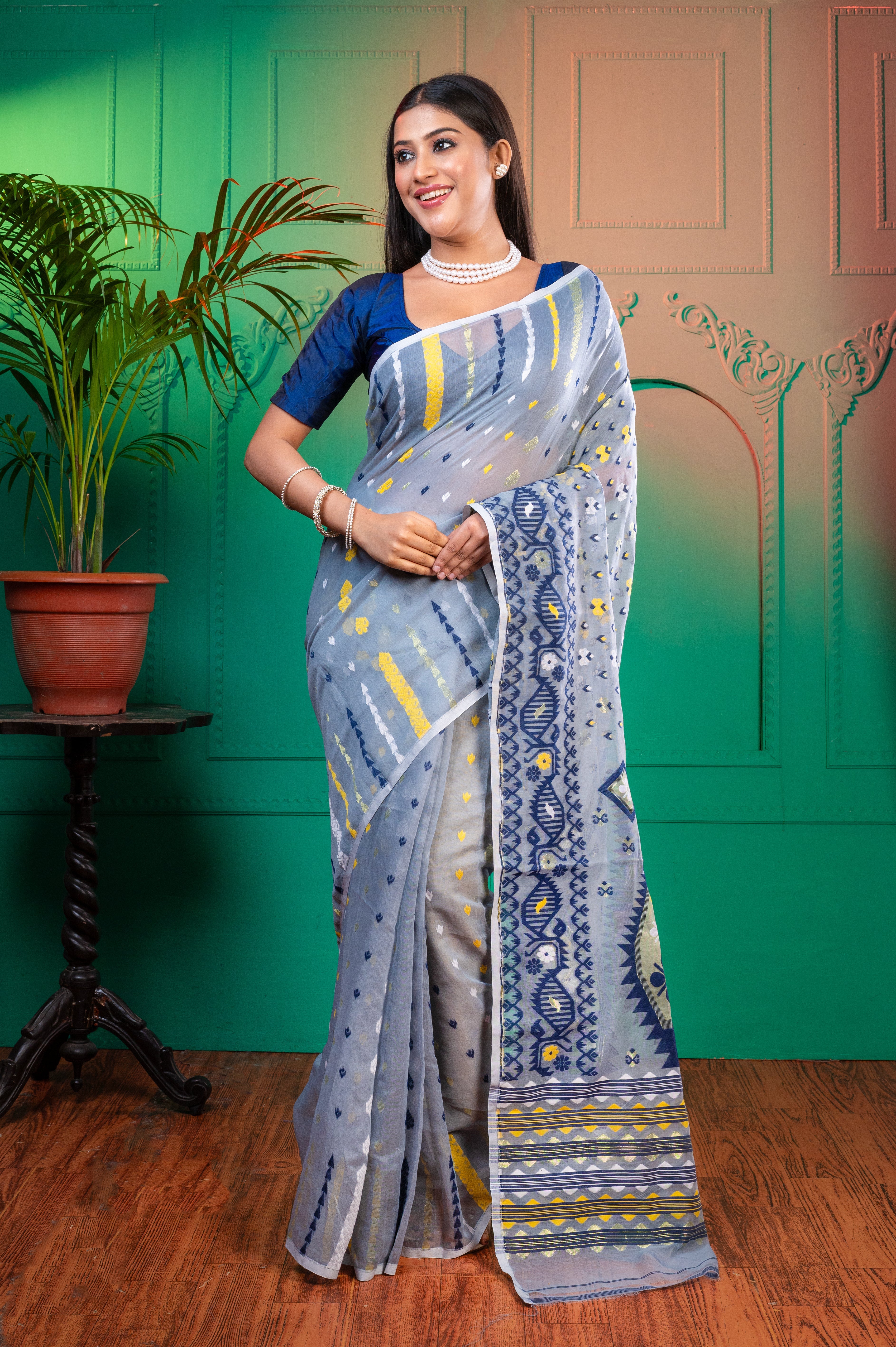 Women's Ink Blue Cotton Jamdani Saree With Blue And Golden Ambi Woven Motifs - Aanika