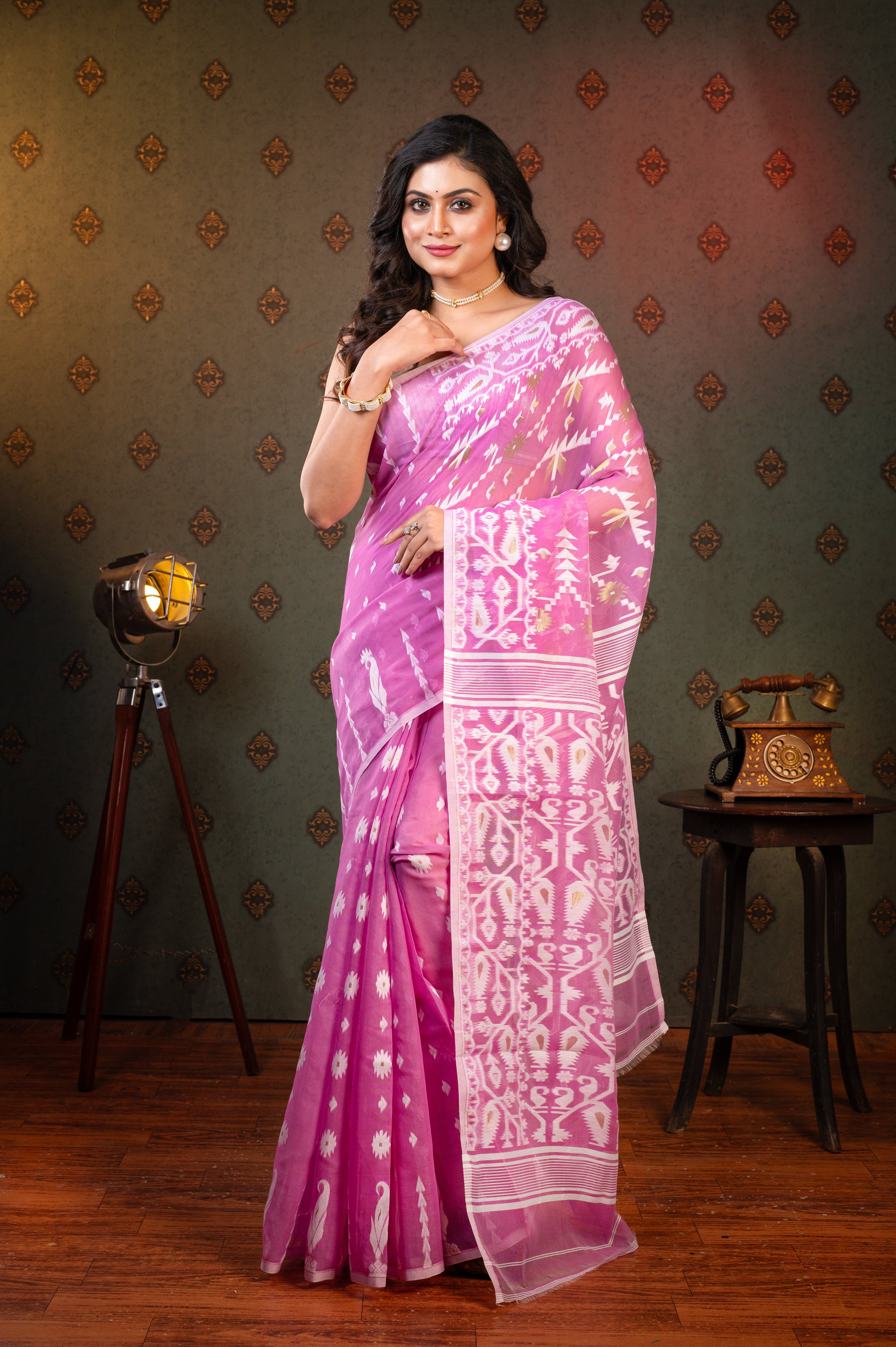 Women's Purple Cotton Jamdani Saree With Off-white And Golden Woven Motifs - Aanika