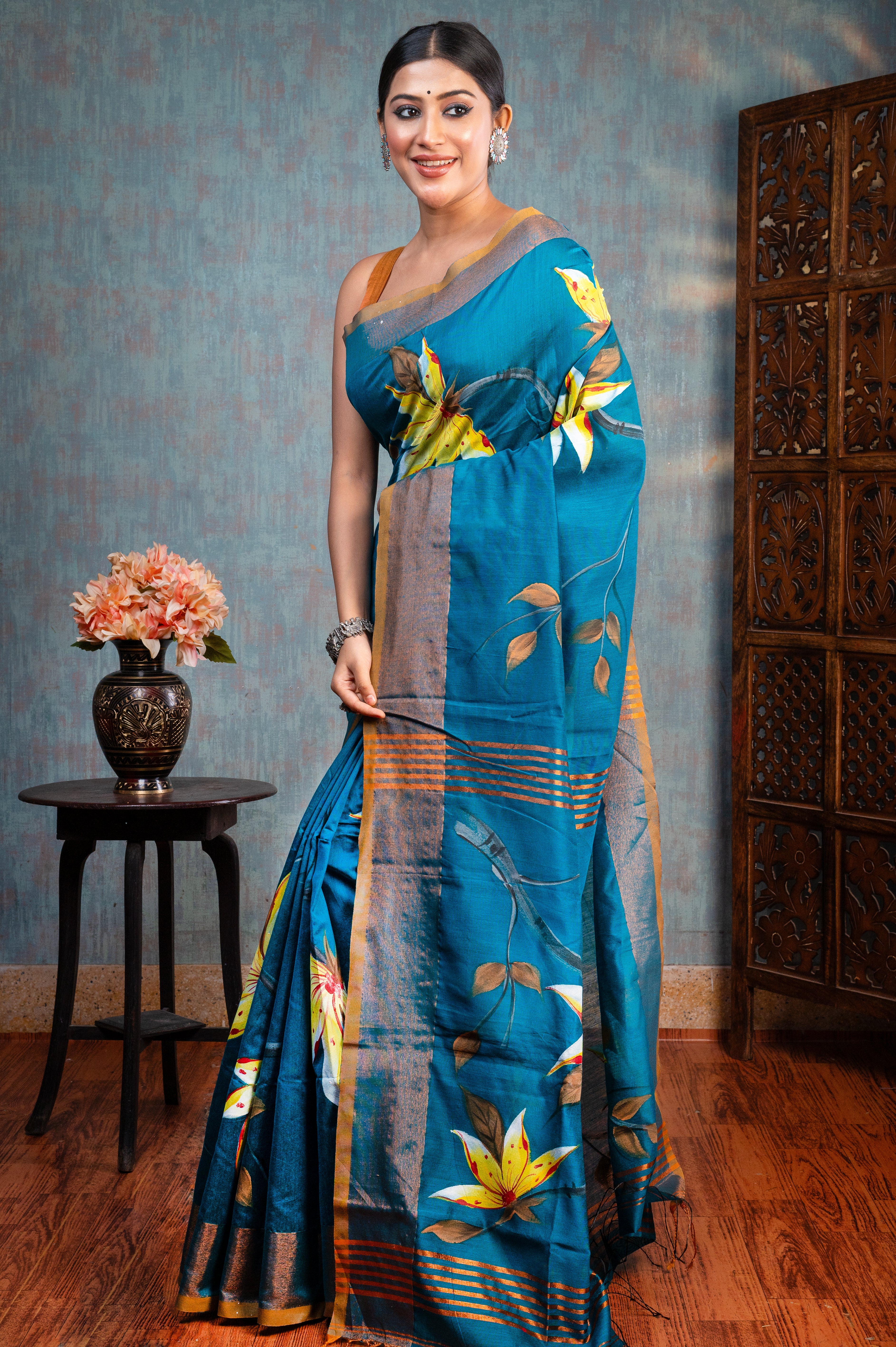 Women's Dark Teal Hand painted Cotton Saree - Aanika