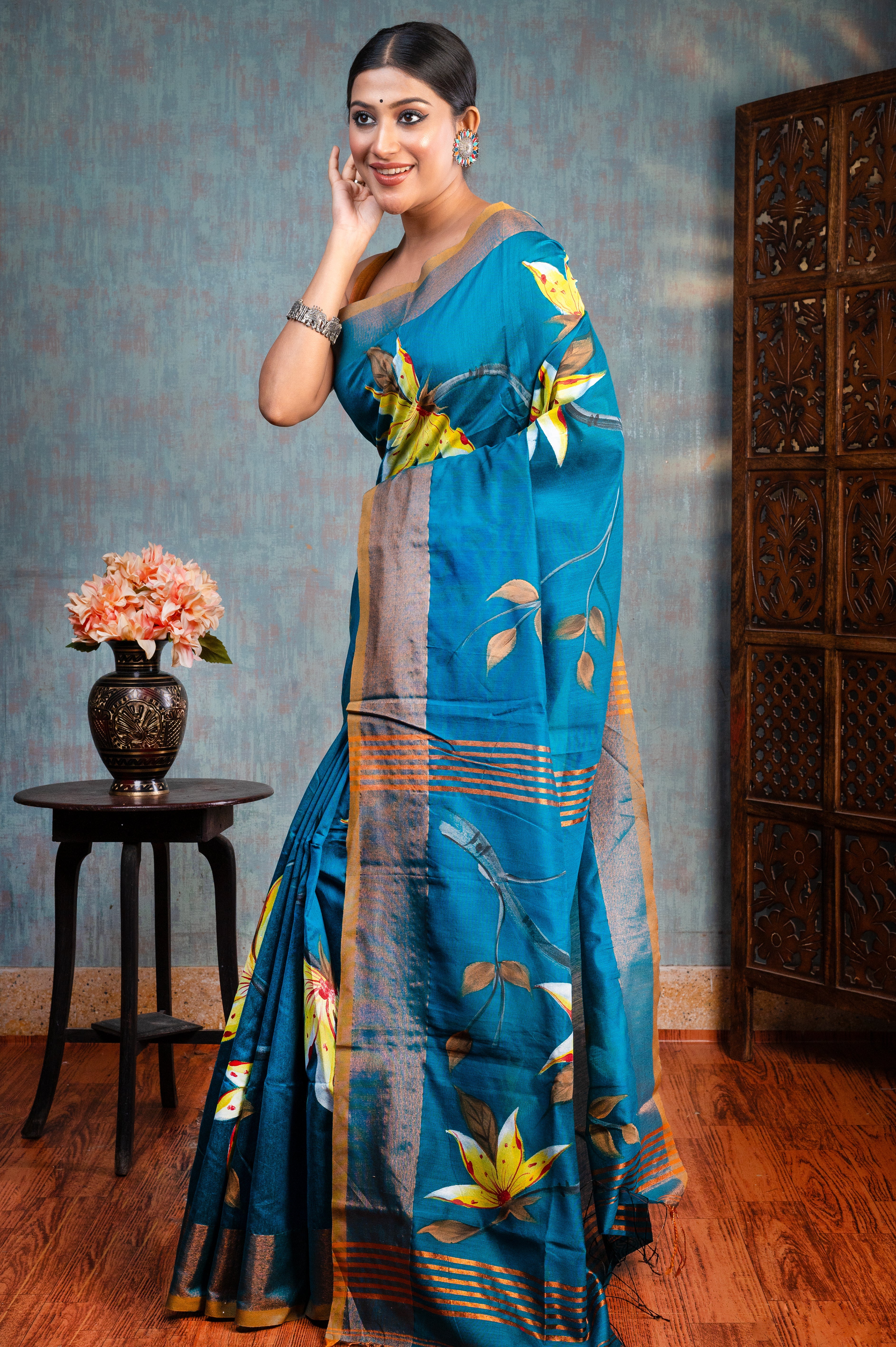 Women's Dark Teal Hand painted Cotton Saree - Aanika