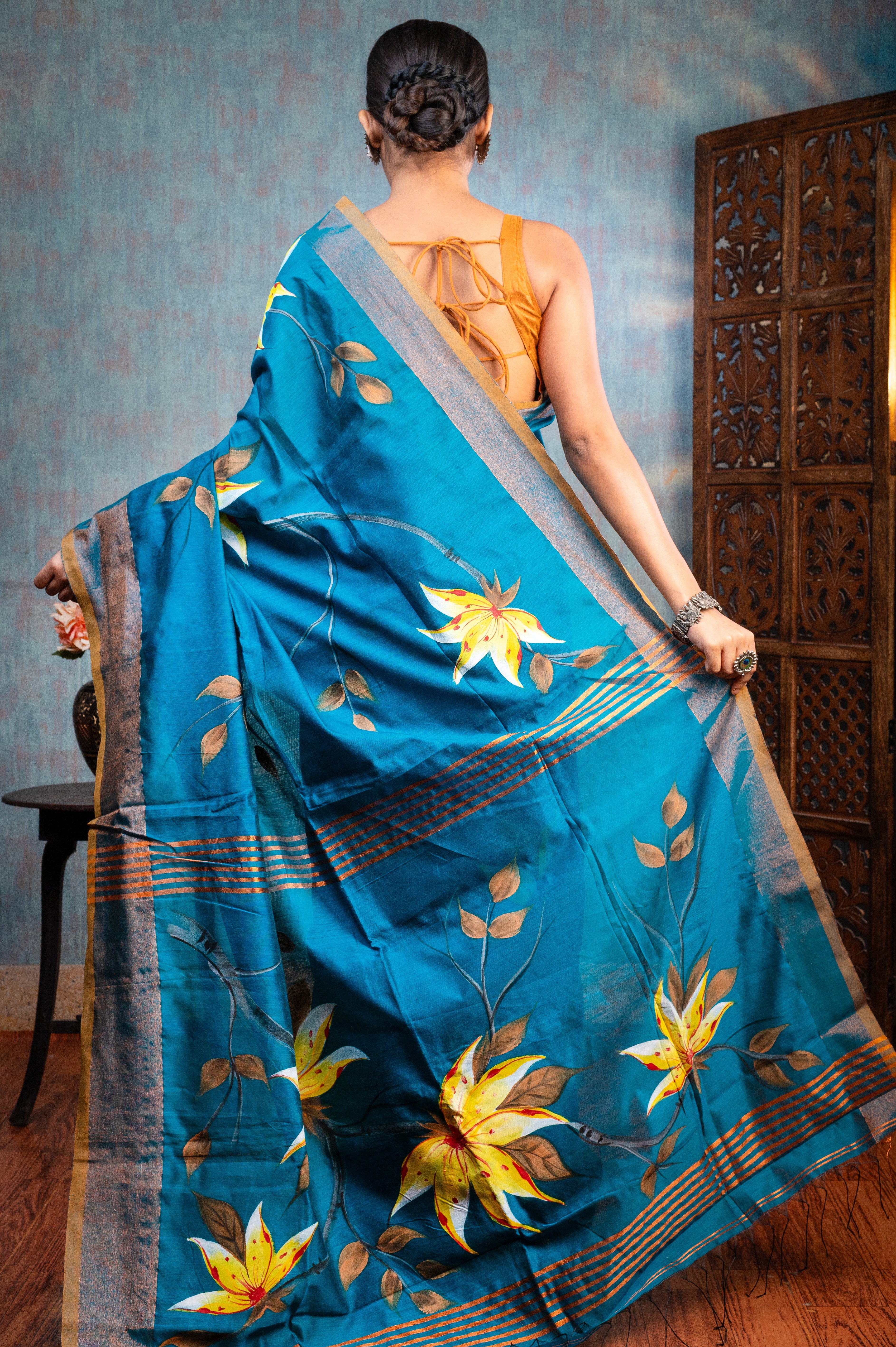 Women's Dark Teal Hand painted Cotton Saree - Aanika