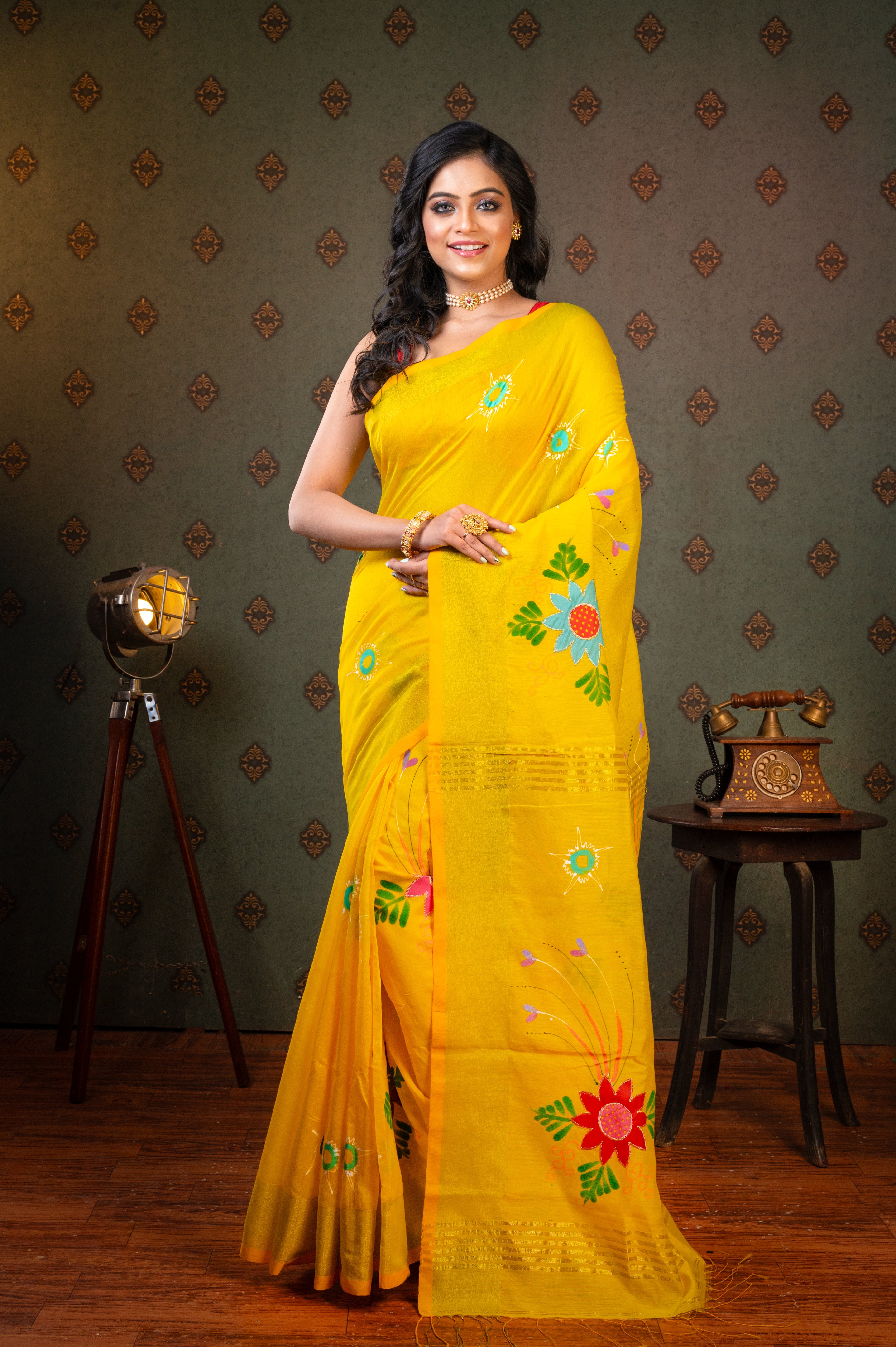 Women's Yellow Hand painted Cotton Saree - Aanika