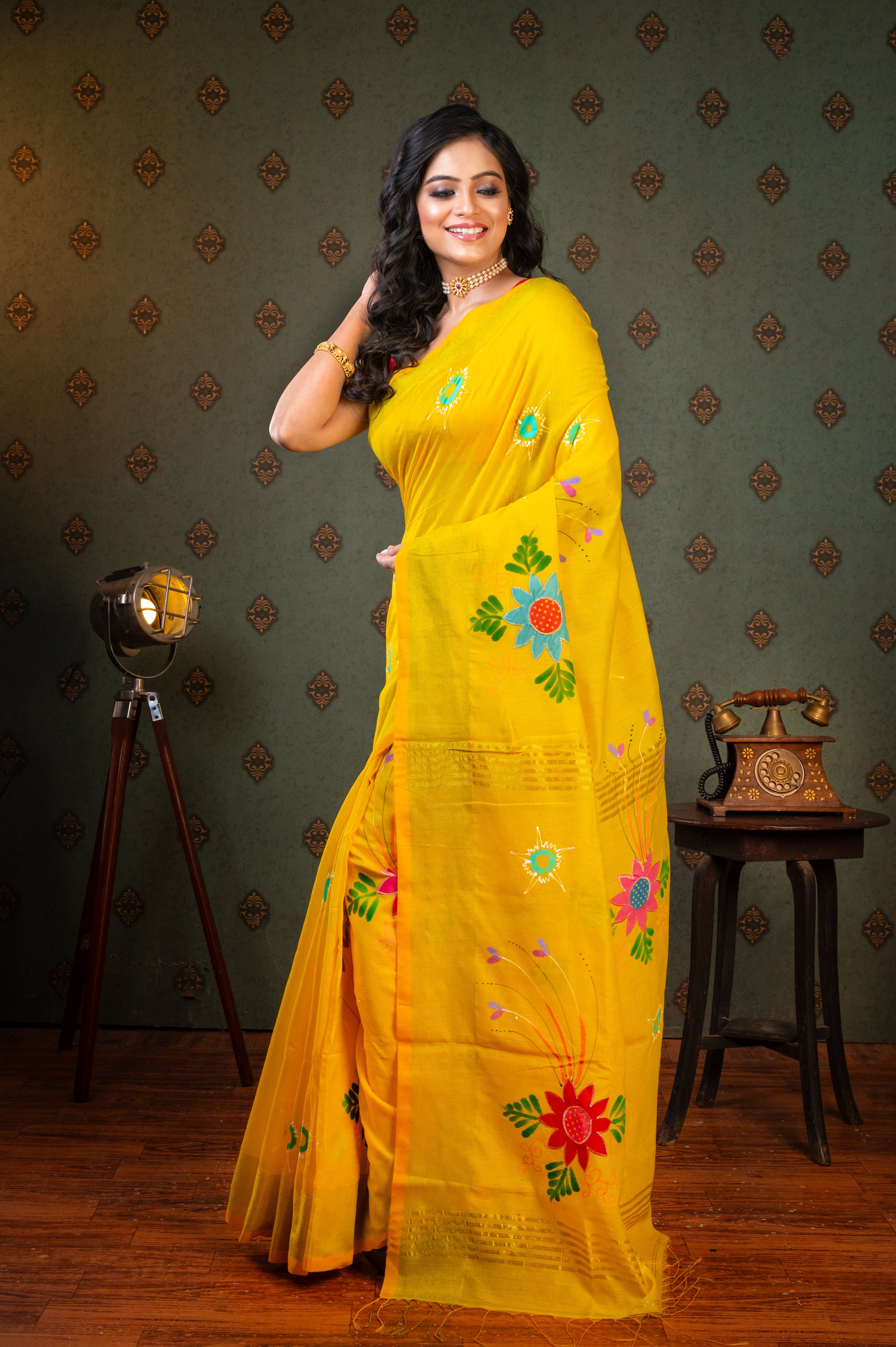 Women's Yellow Hand painted Cotton Saree - Aanika