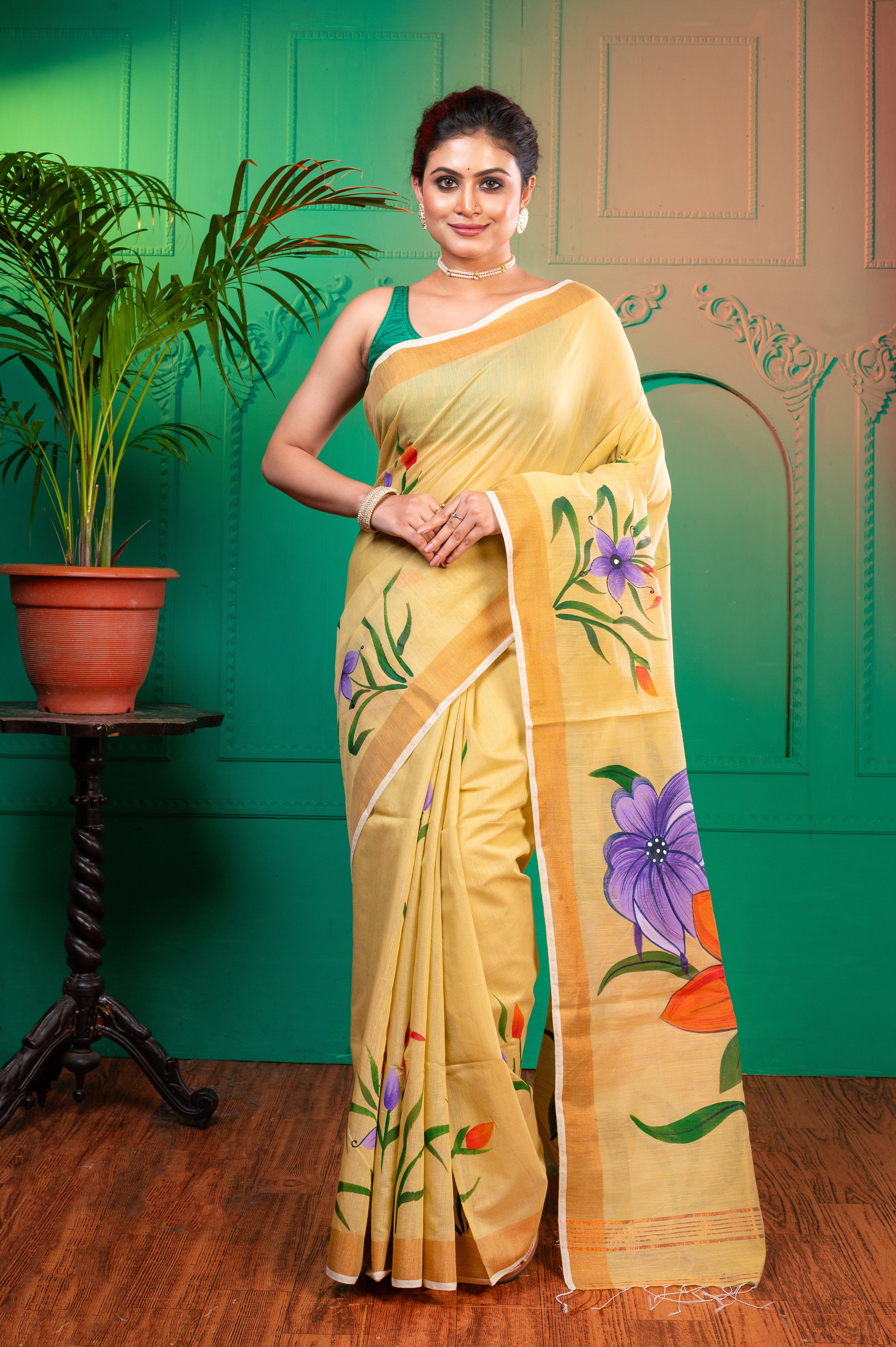 Women's Beige Hand painted Cotton Saree - Aanika