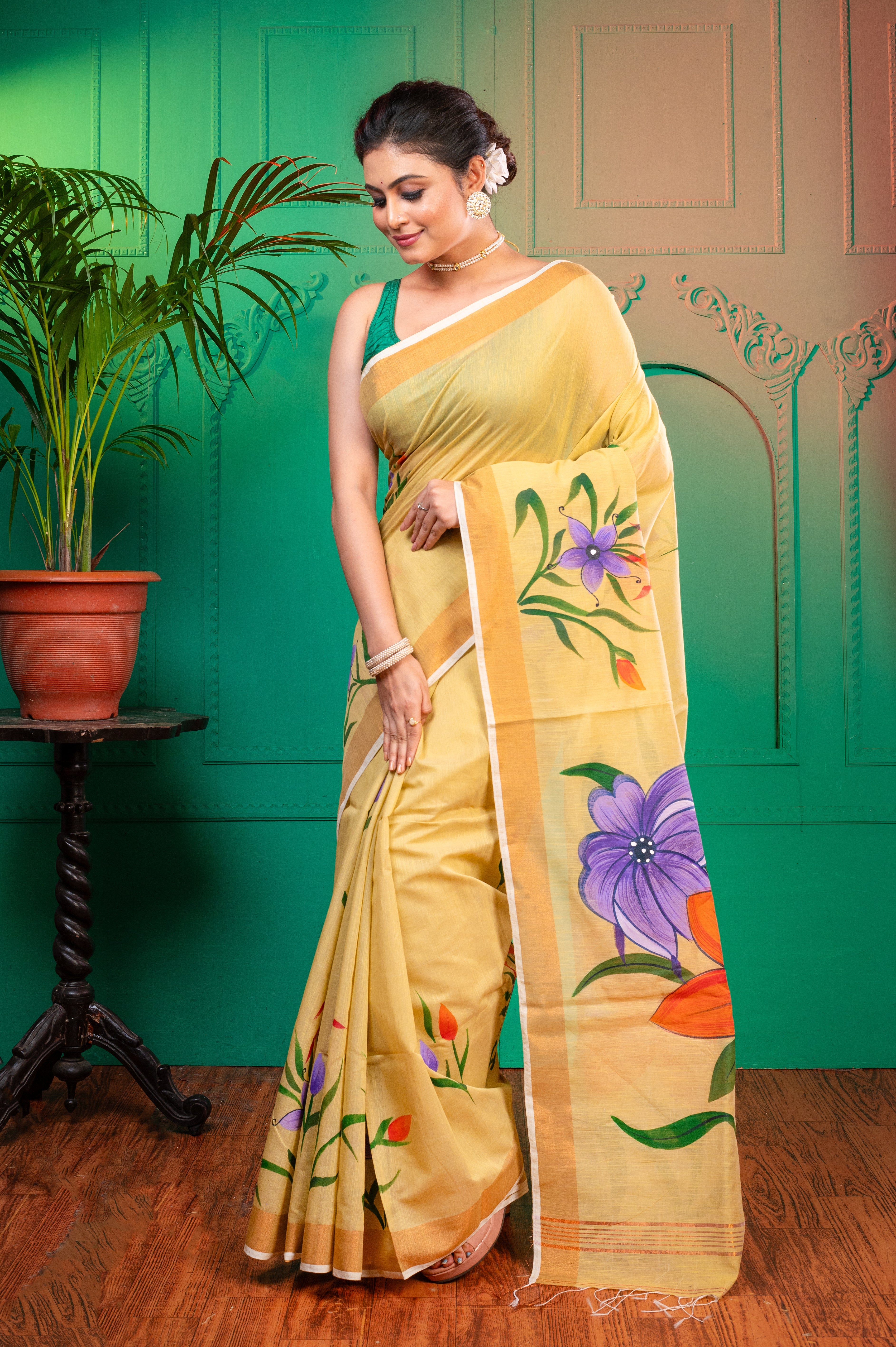 Women's Beige Hand painted Cotton Saree - Aanika