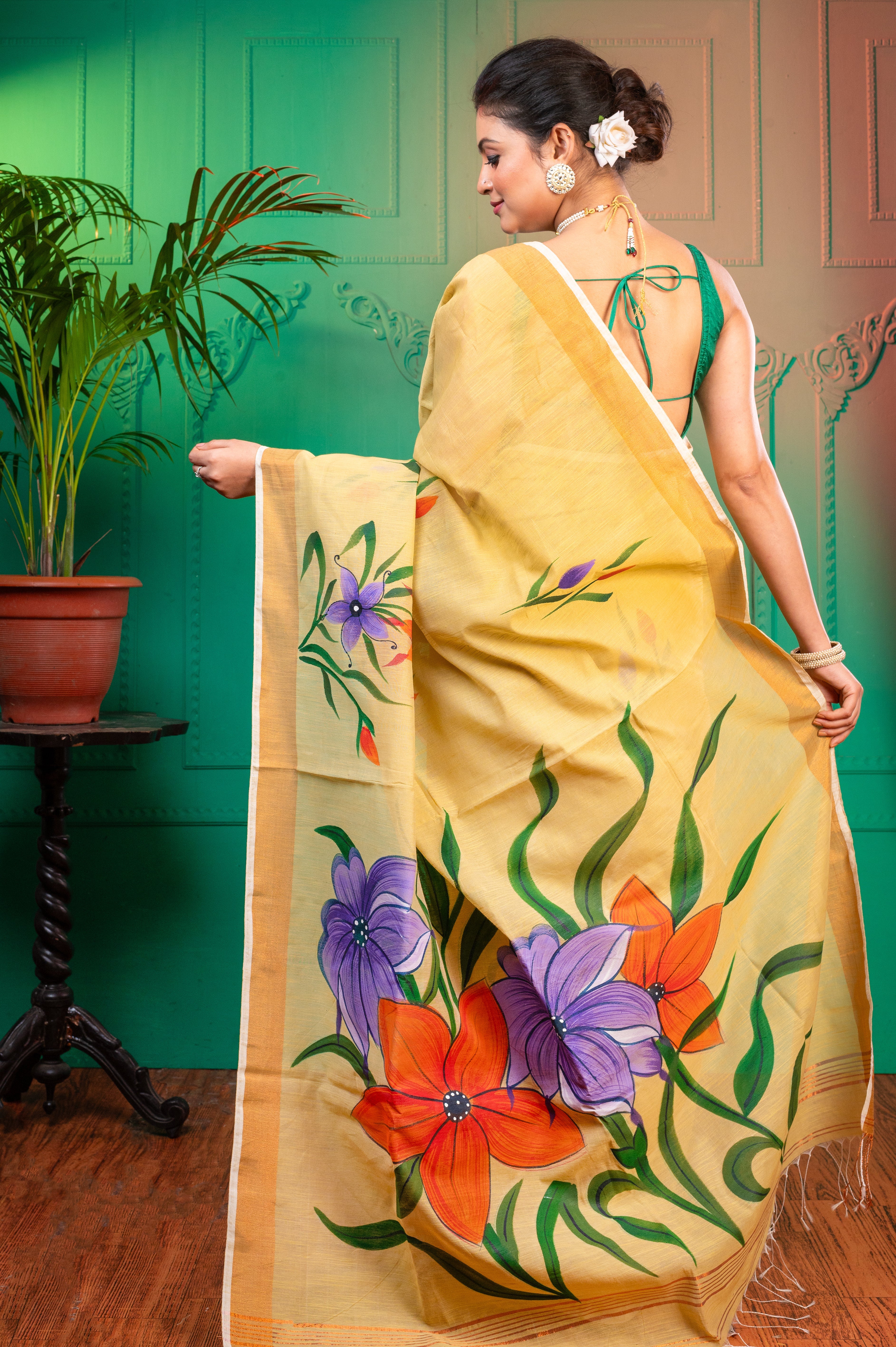 Women's Beige Hand painted Cotton Saree - Aanika