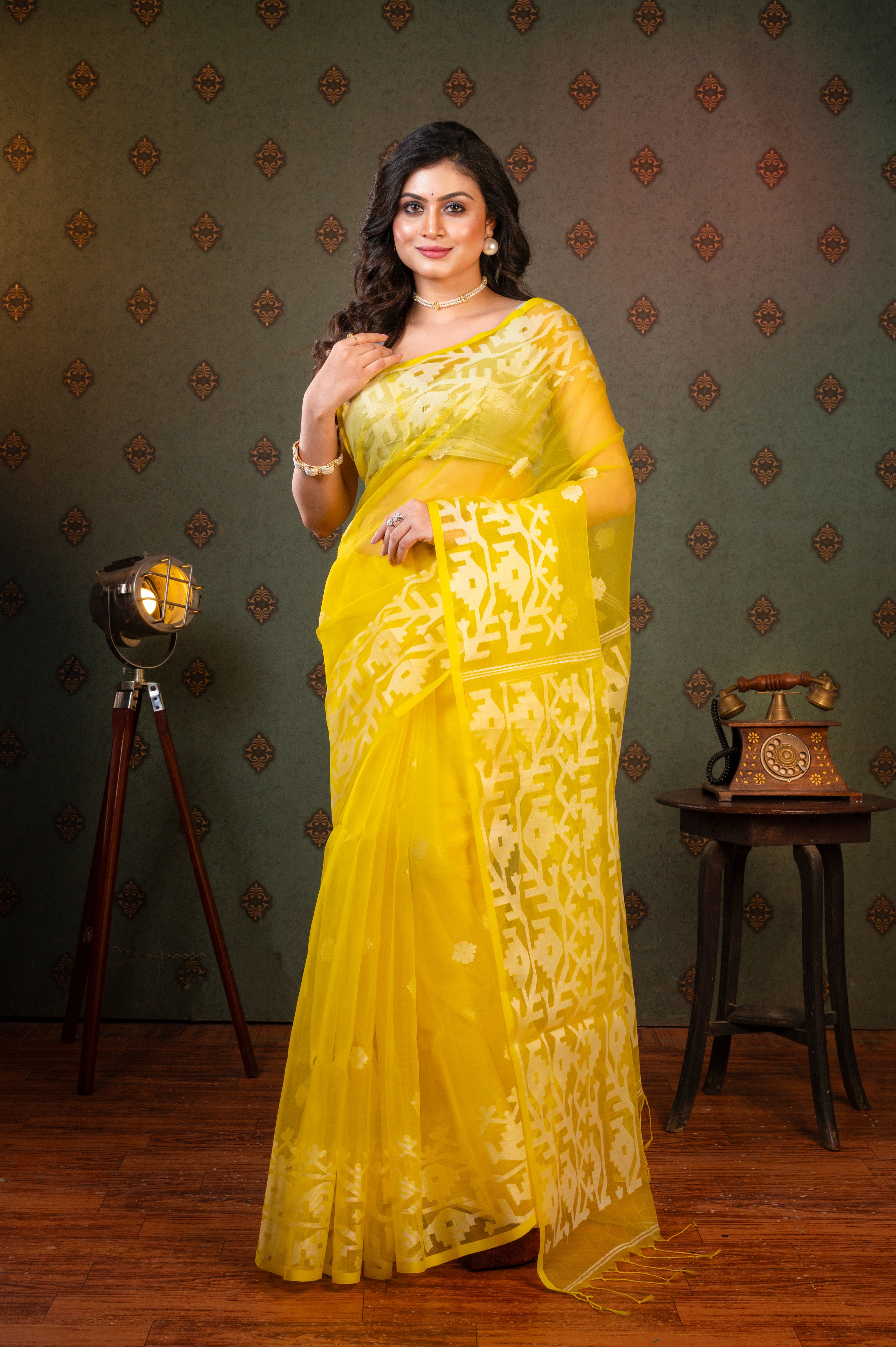 Women's Yellow Pure Muslin Silk Saree With Off-white Woven Motifs - Aanika