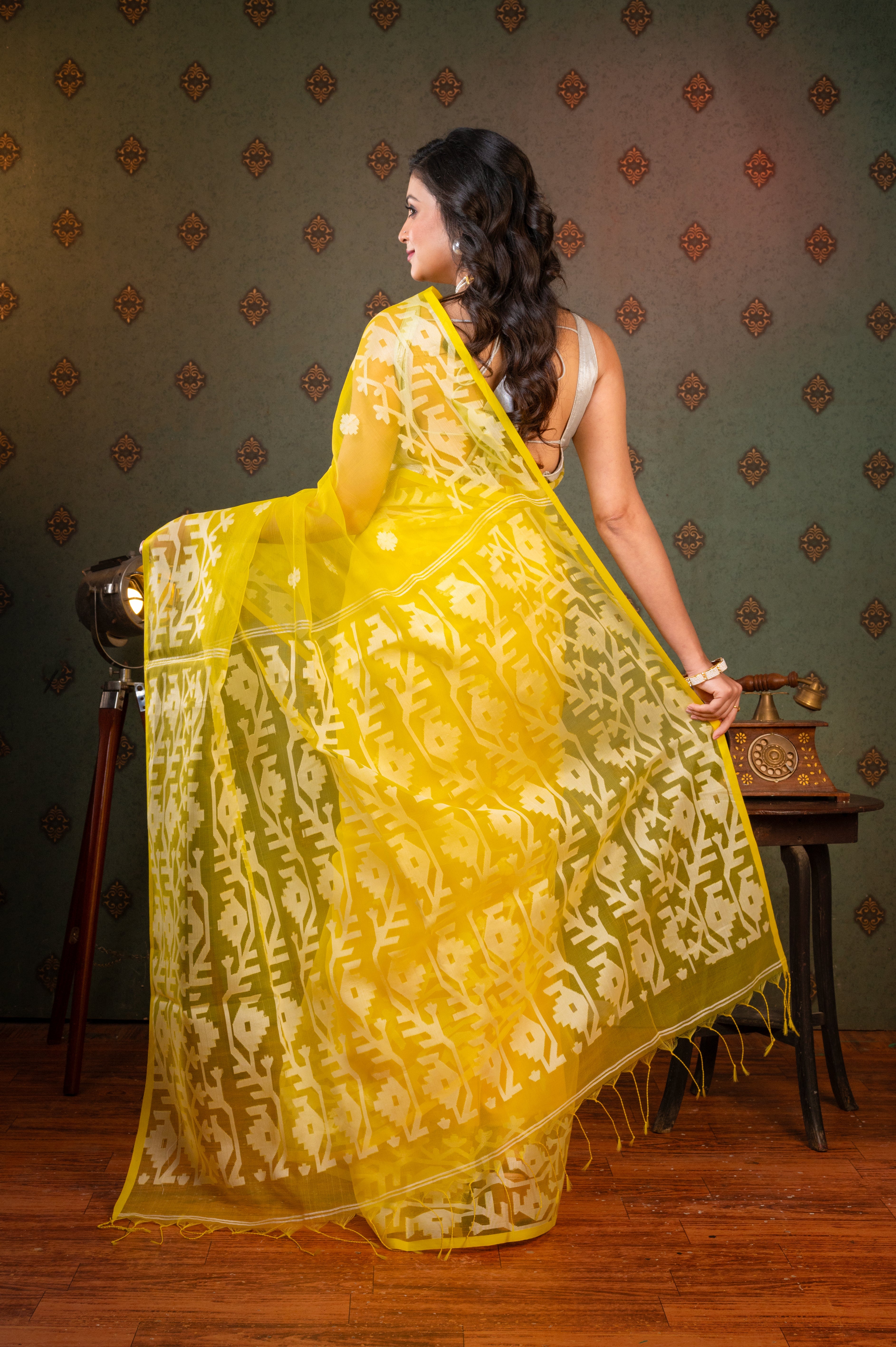 Women's Yellow Pure Muslin Silk Saree With Off-white Woven Motifs - Aanika