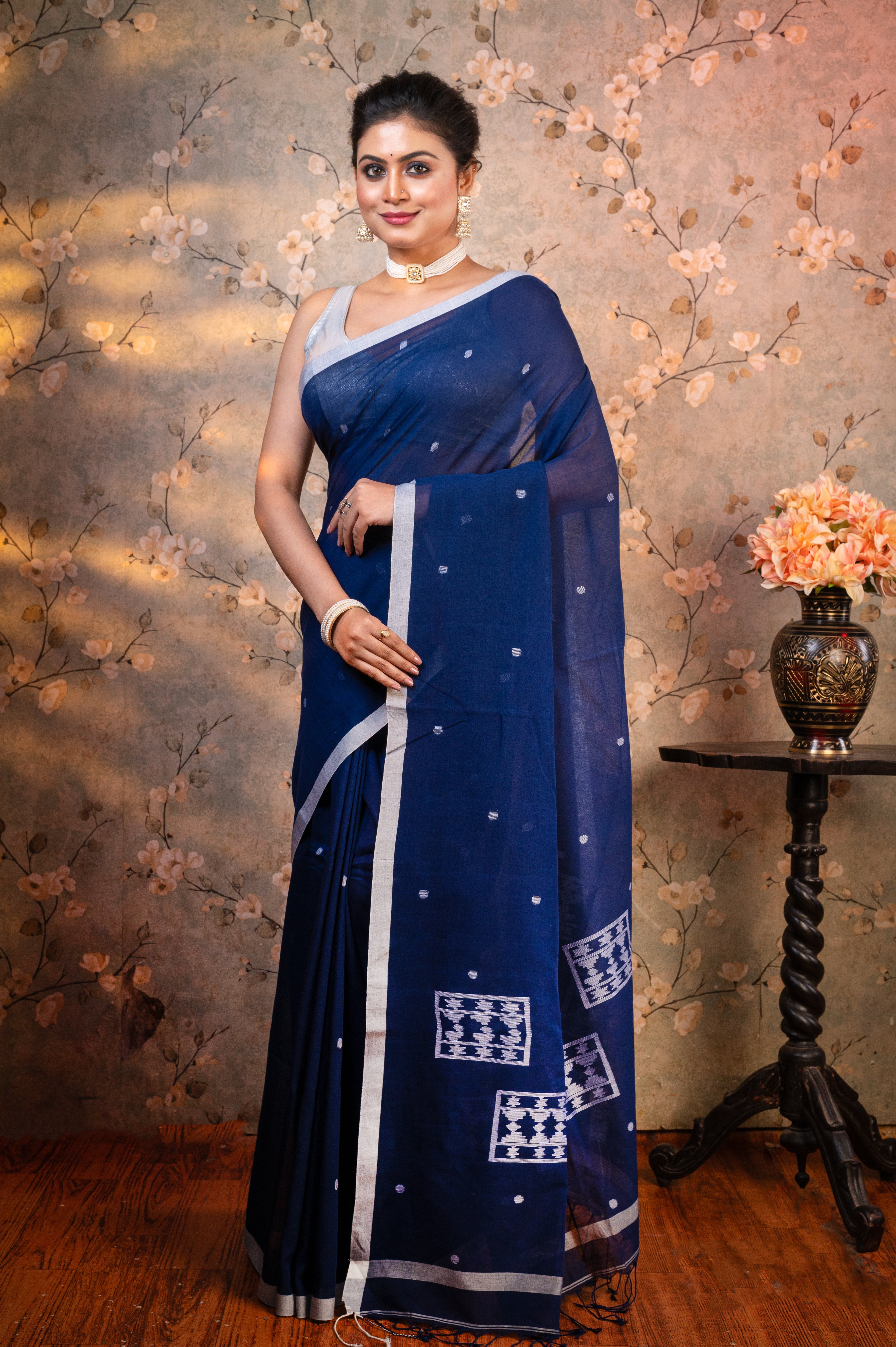 Women's Navy Blue Pure Handloom Cotton Saree With Off-white Polka Dots And Border - Aanika