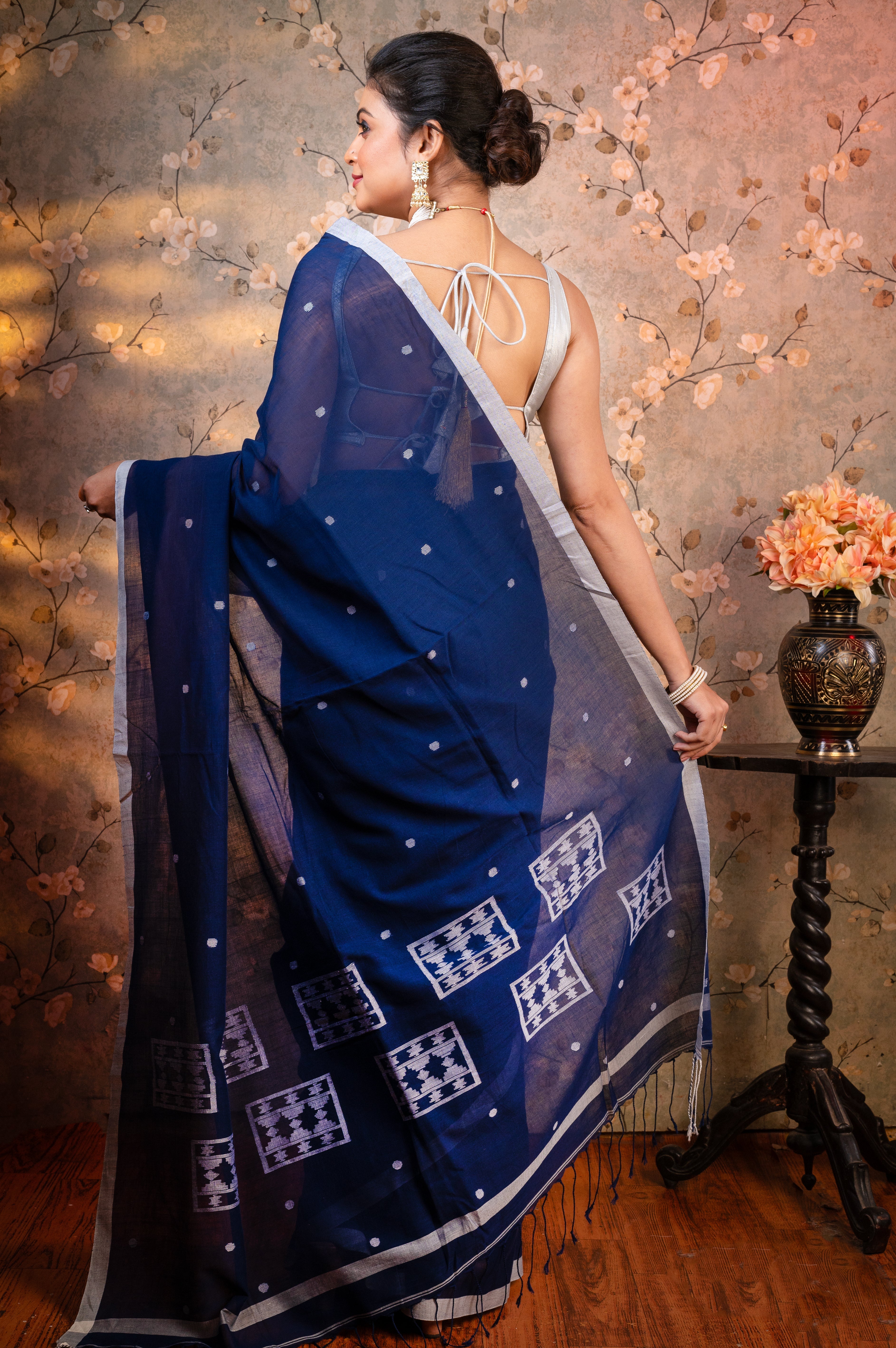 Women's Navy Blue Pure Handloom Cotton Saree With Off-white Polka Dots And Border - Aanika