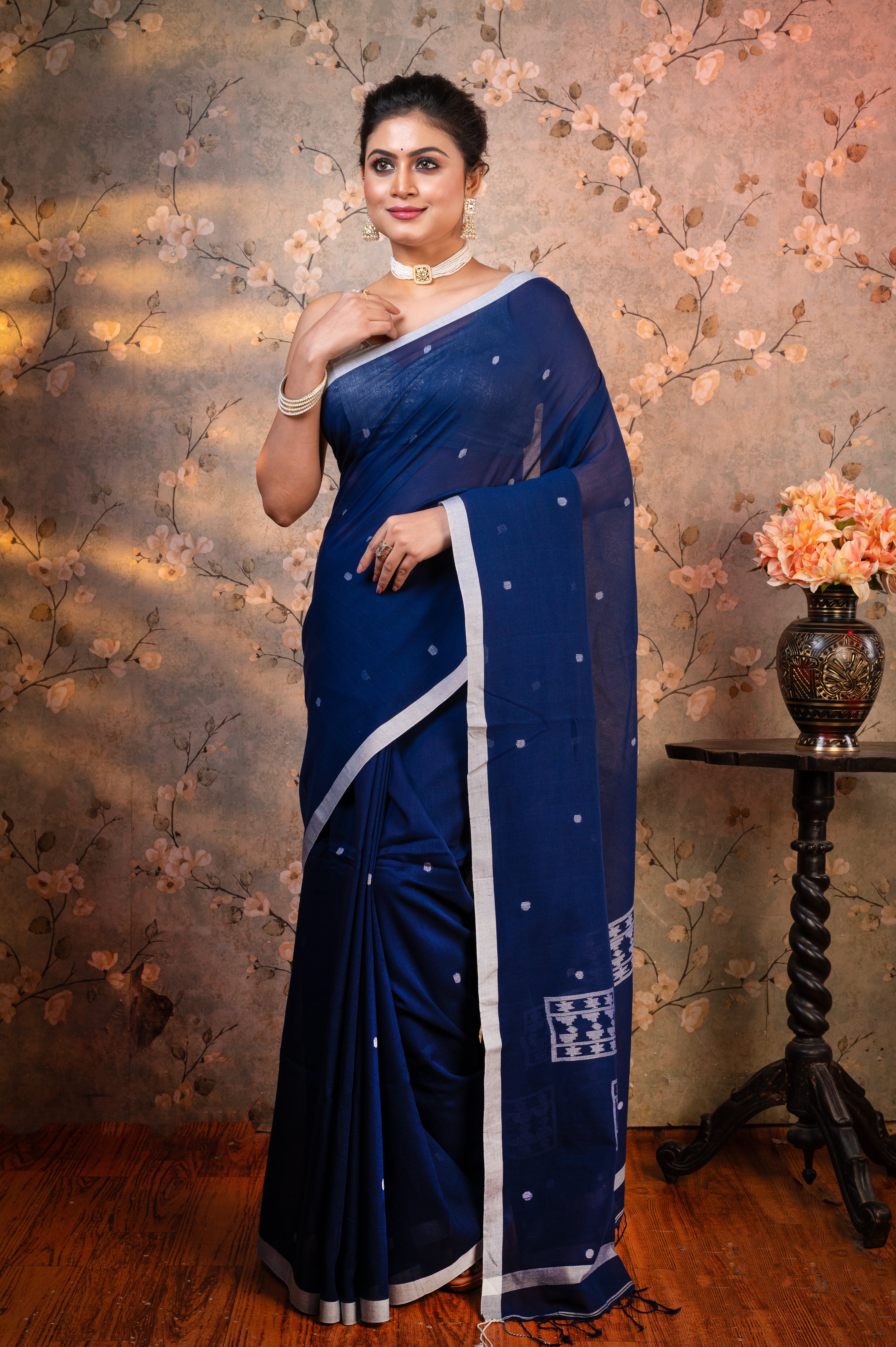 Women's Navy Blue Pure Handloom Cotton Saree With Off-white Polka Dots And Border - Aanika