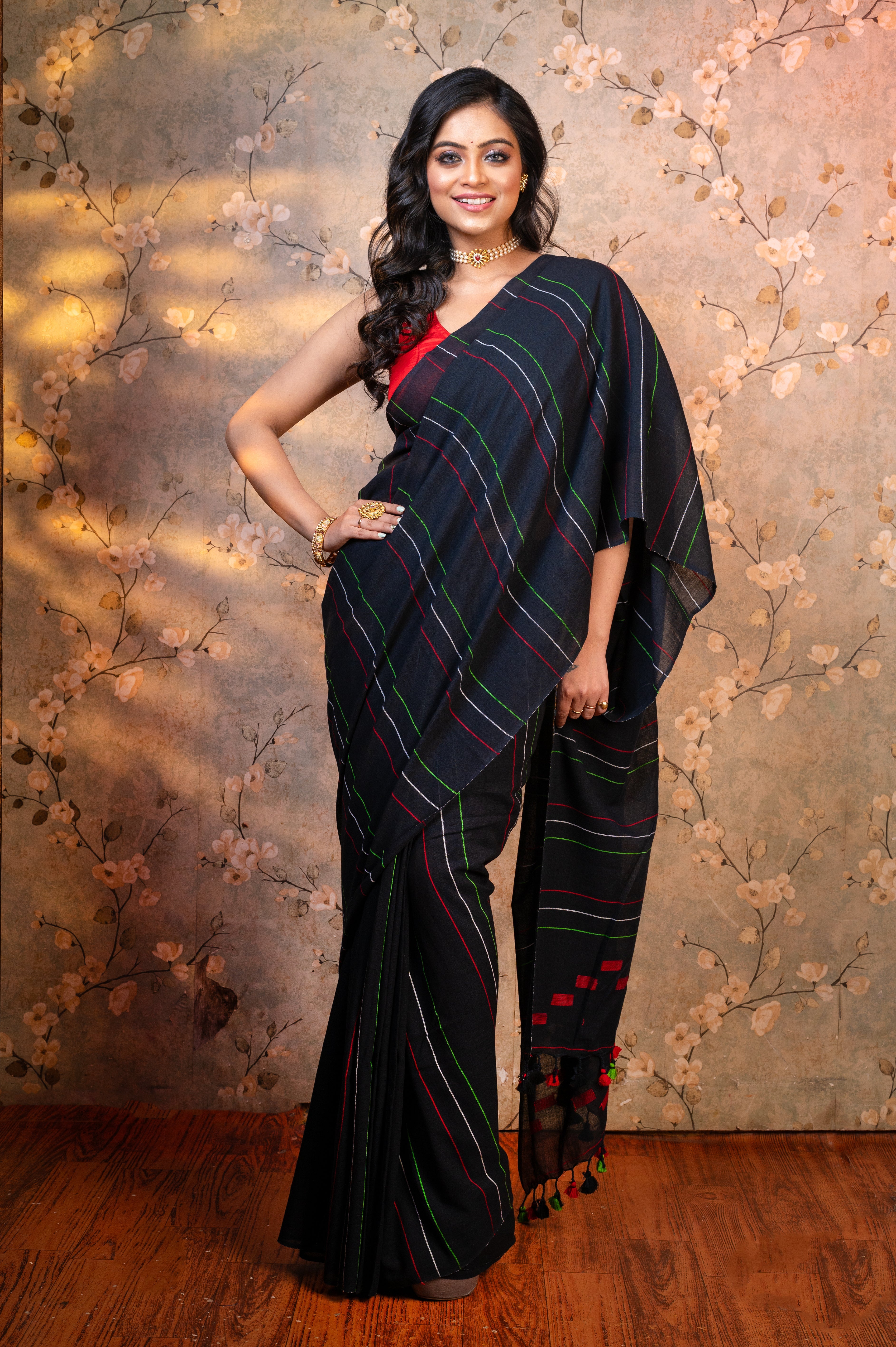 Women's Navy Blue Pure Handloom Cotton Saree With Multicolor Stripes - Aanika