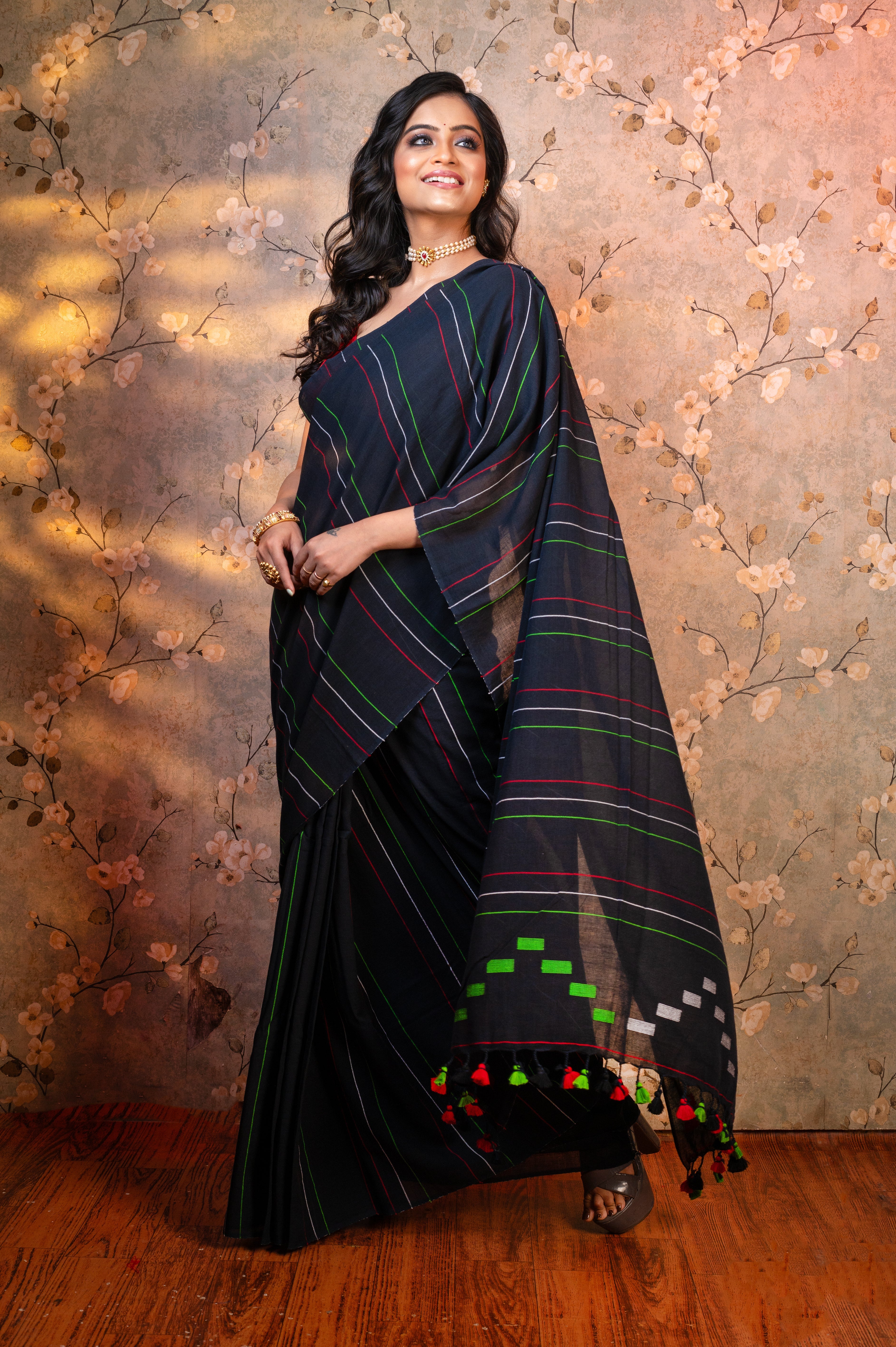 Women's Navy Blue Pure Handloom Cotton Saree With Multicolor Stripes - Aanika