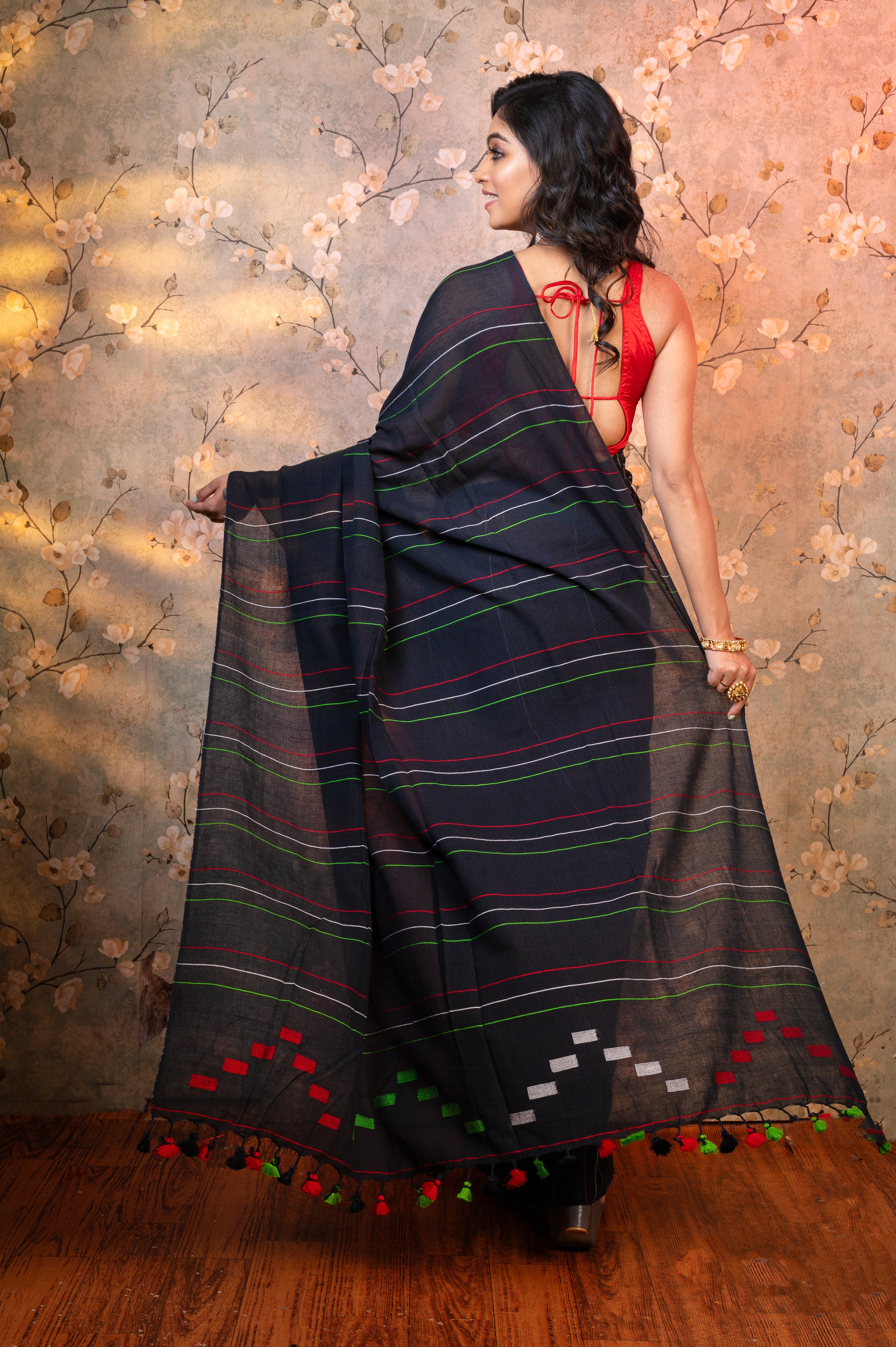 Women's Navy Blue Pure Handloom Cotton Saree With Multicolor Stripes - Aanika