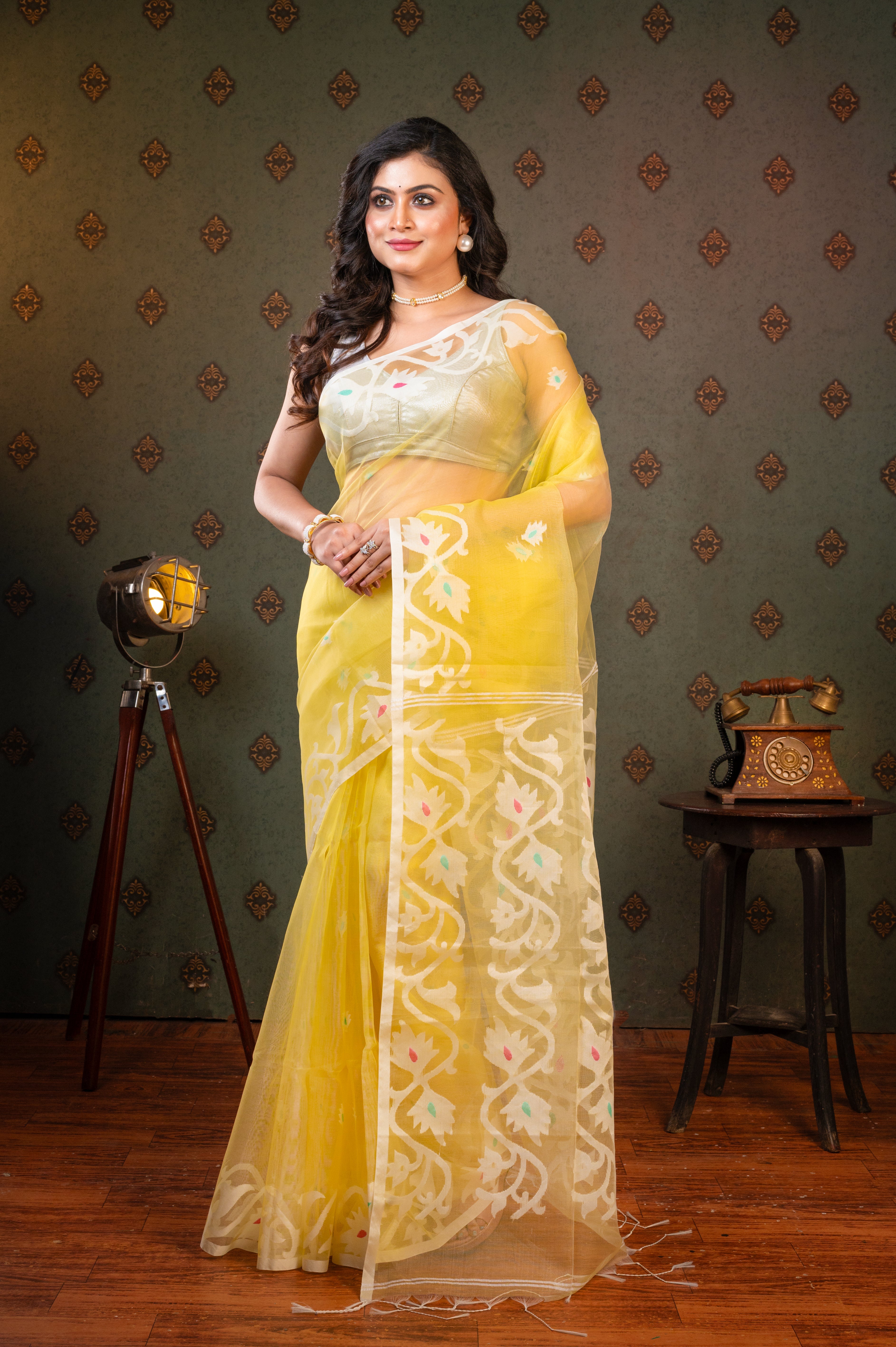 Women's Light Yellow Pure Muslin Saree With Off-white Woven Motifs - Aanika