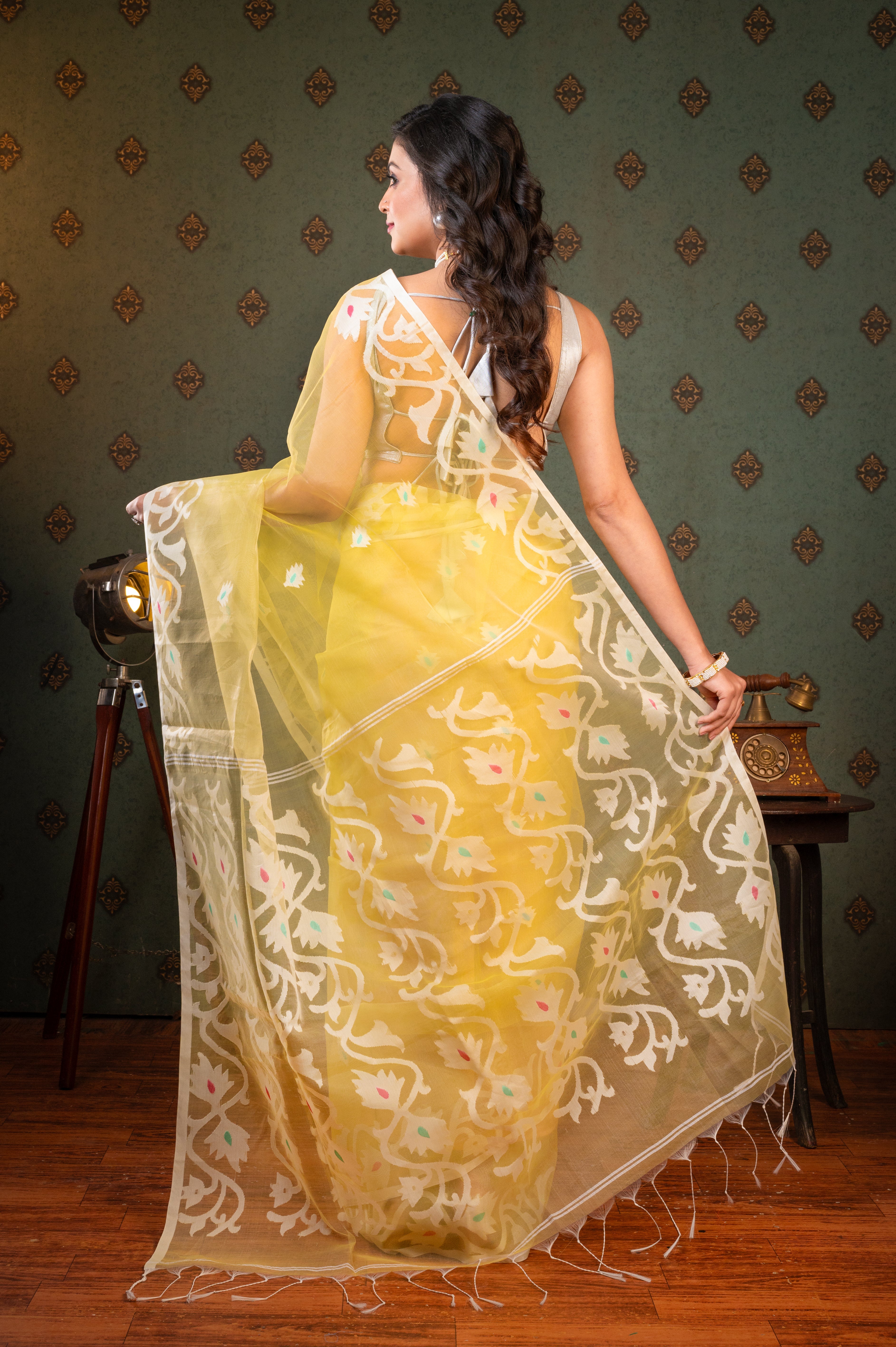 Women's Light Yellow Pure Muslin Saree With Off-white Woven Motifs - Aanika