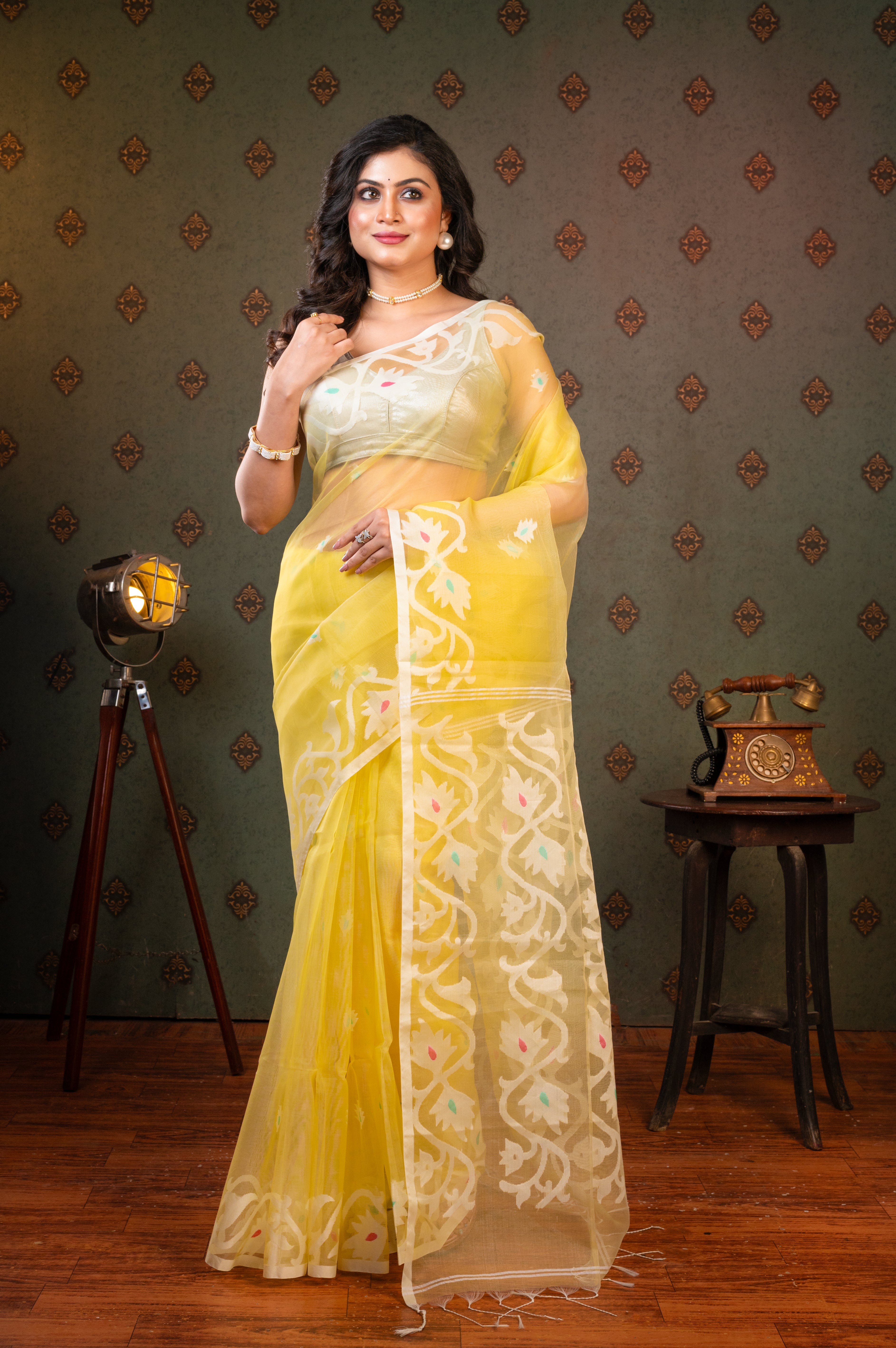 Women's Light Yellow Pure Muslin Saree With Off-white Woven Motifs - Aanika