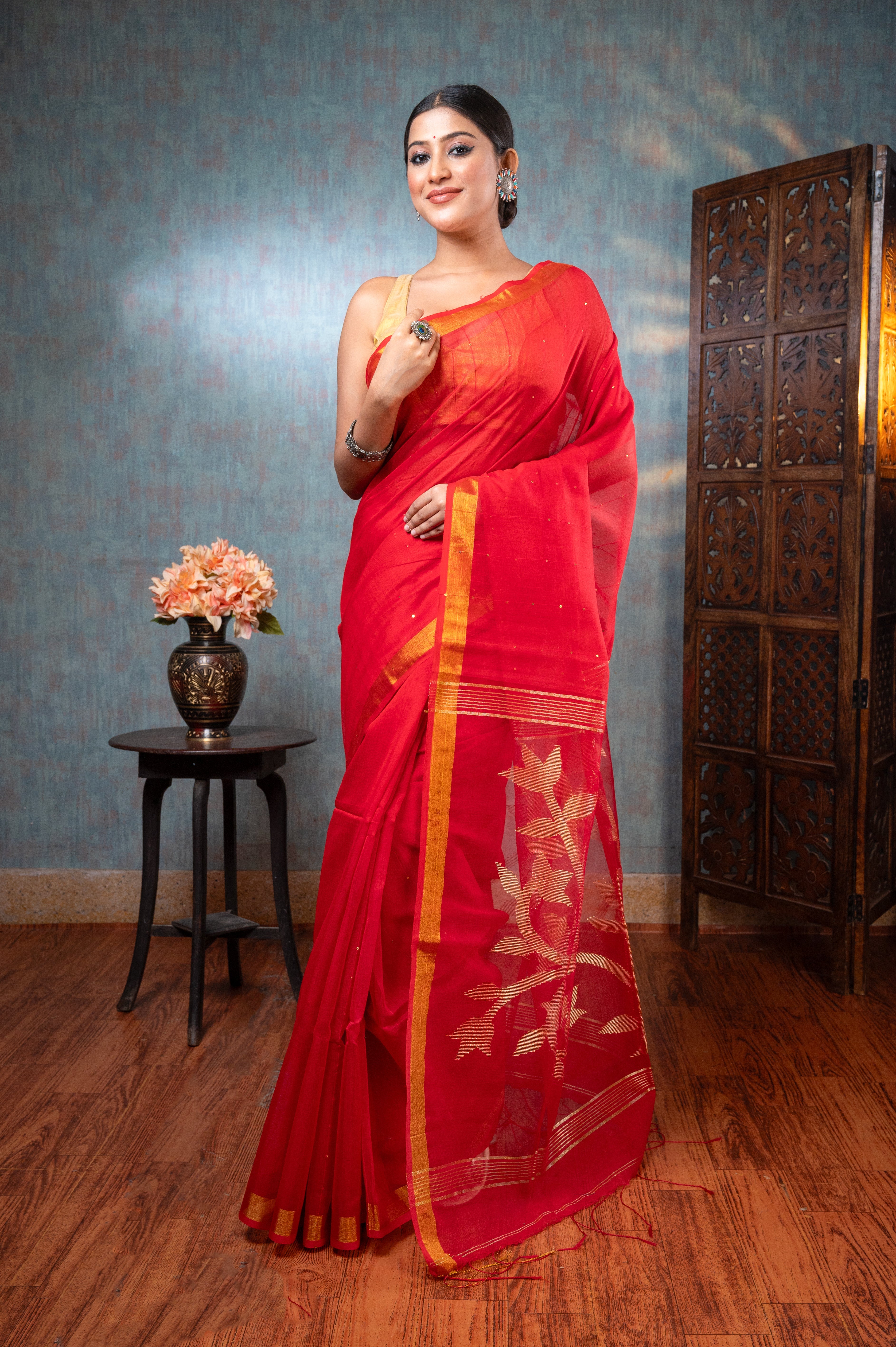 Women's Red Pure Matka Muslin Saree With Golden Floral Motifs - Aanika