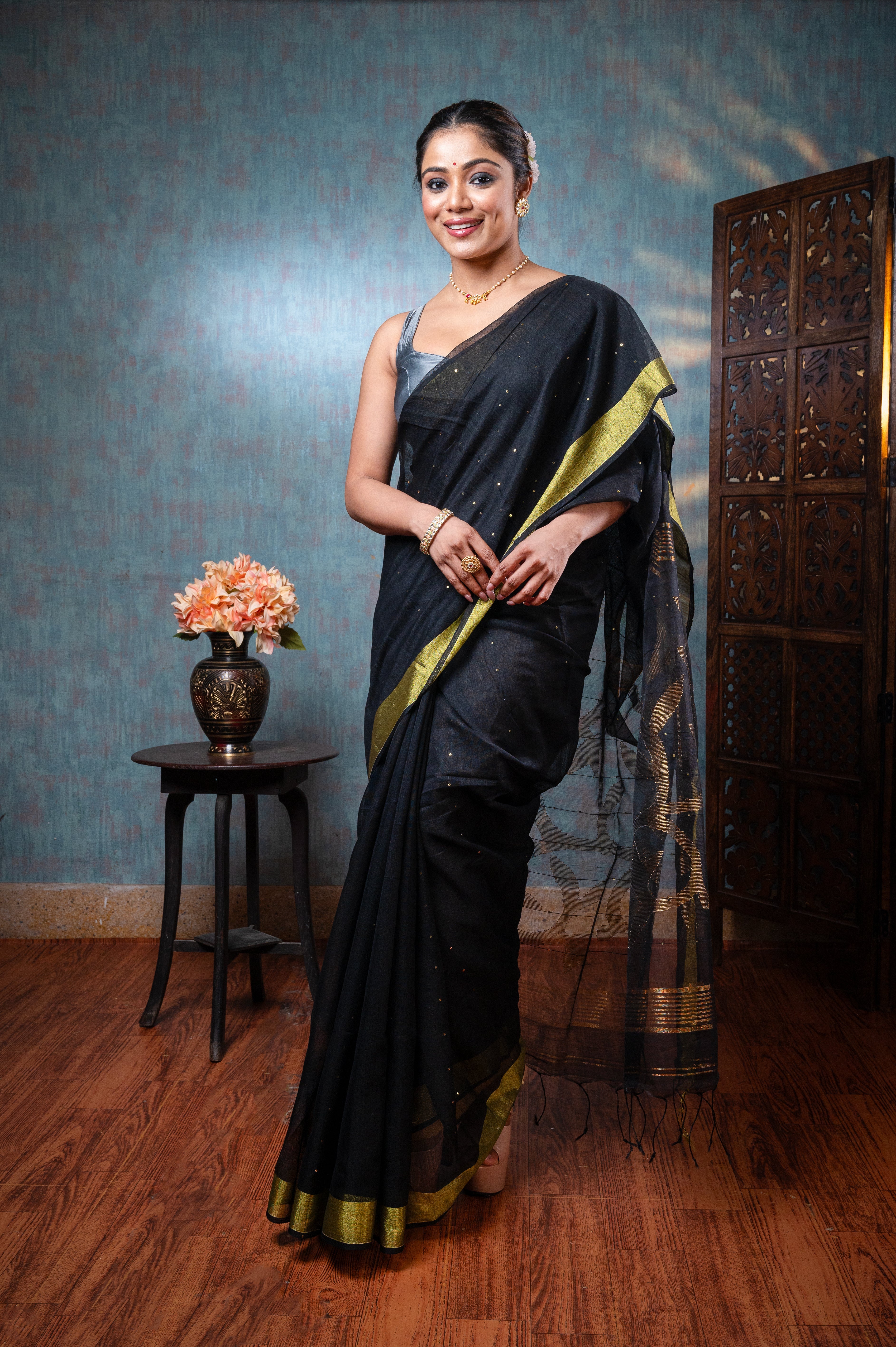 Women's Black Pure Matka Muslin Saree With Golden Floral Motifs - Aanika