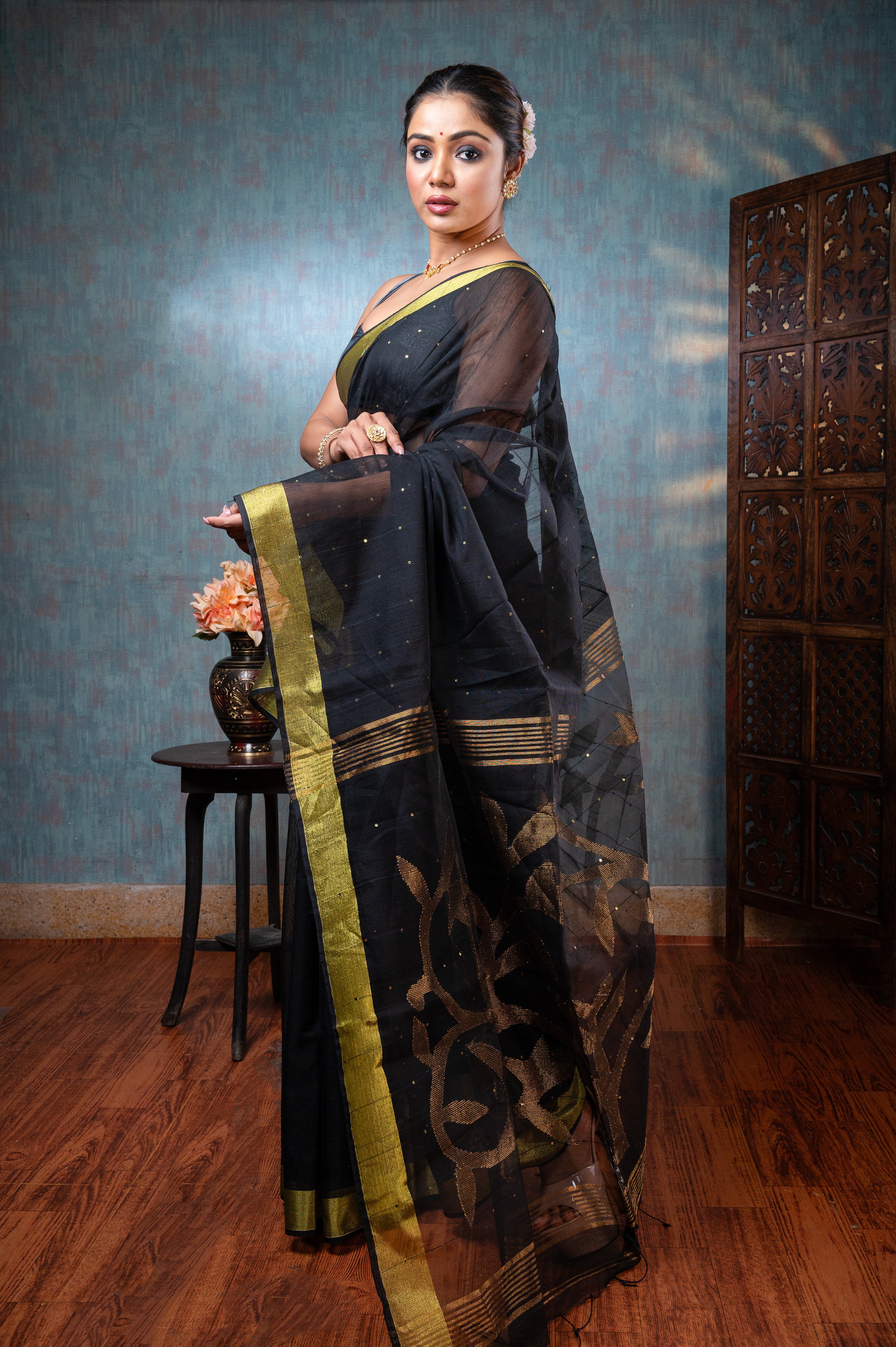 Women's Black Pure Matka Muslin Saree With Golden Floral Motifs - Aanika