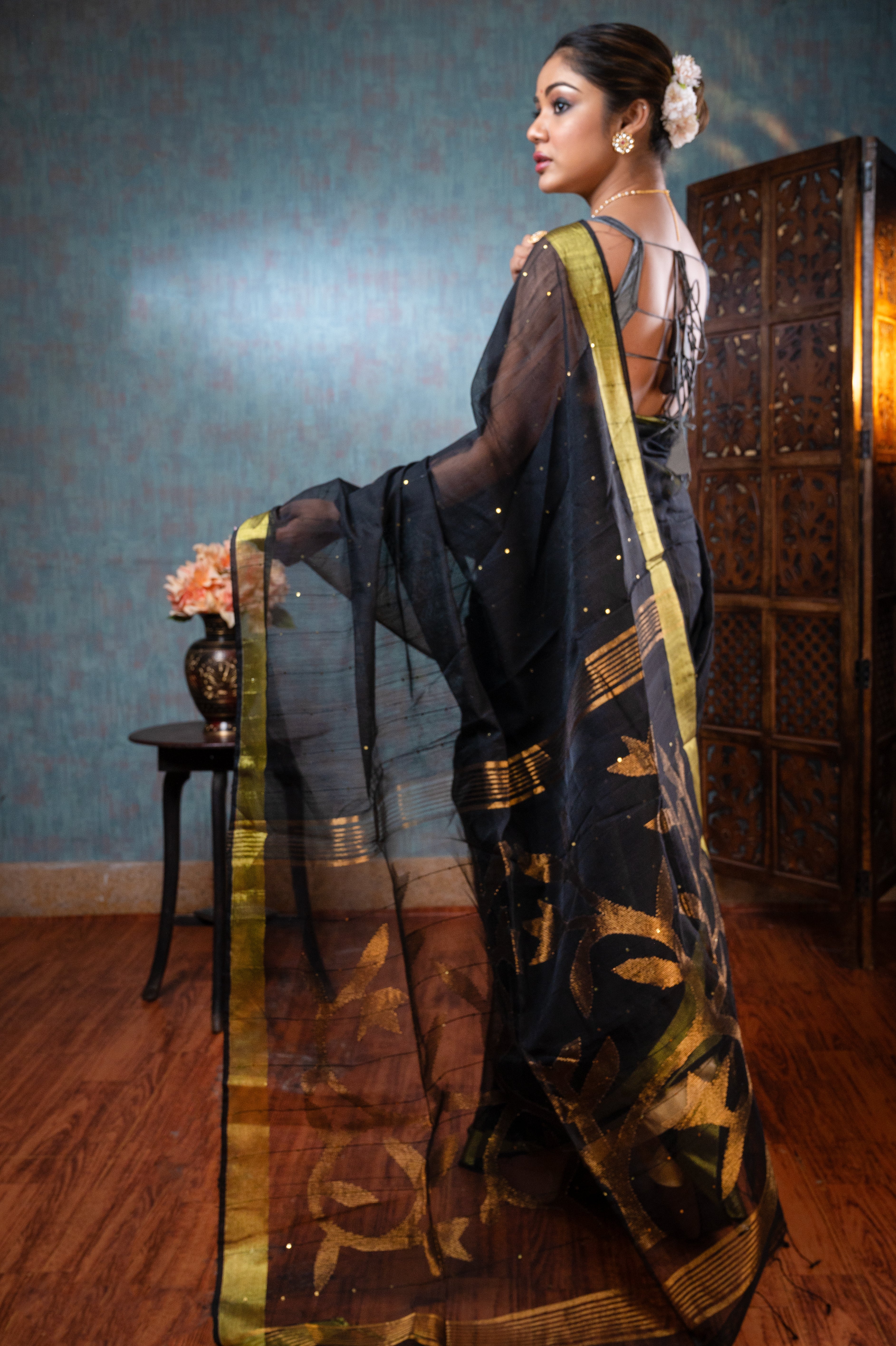 Women's Black Pure Matka Muslin Saree With Golden Floral Motifs - Aanika