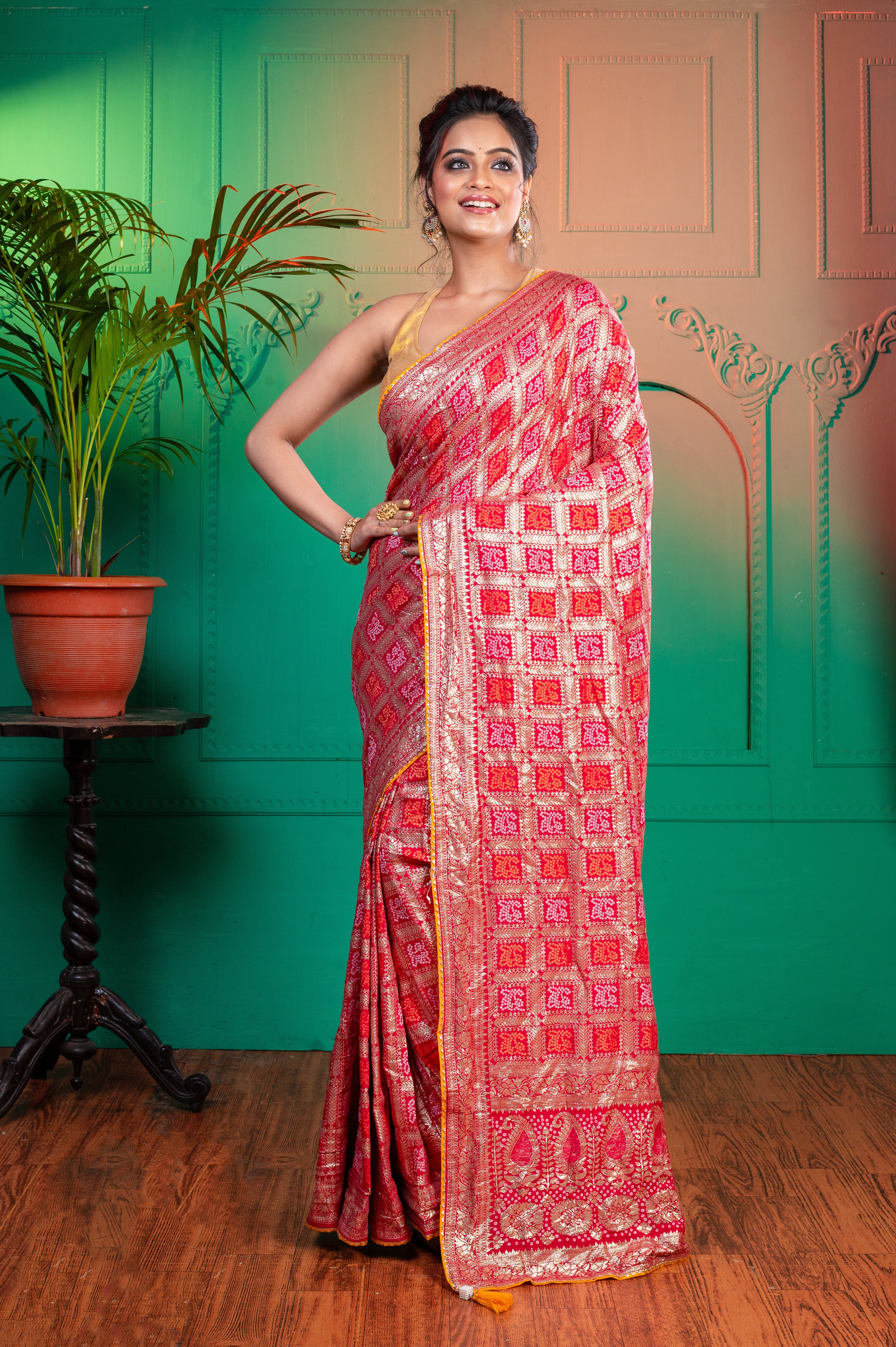 Women's Red And Pink Banarasi Bandhej Saree - Aanika