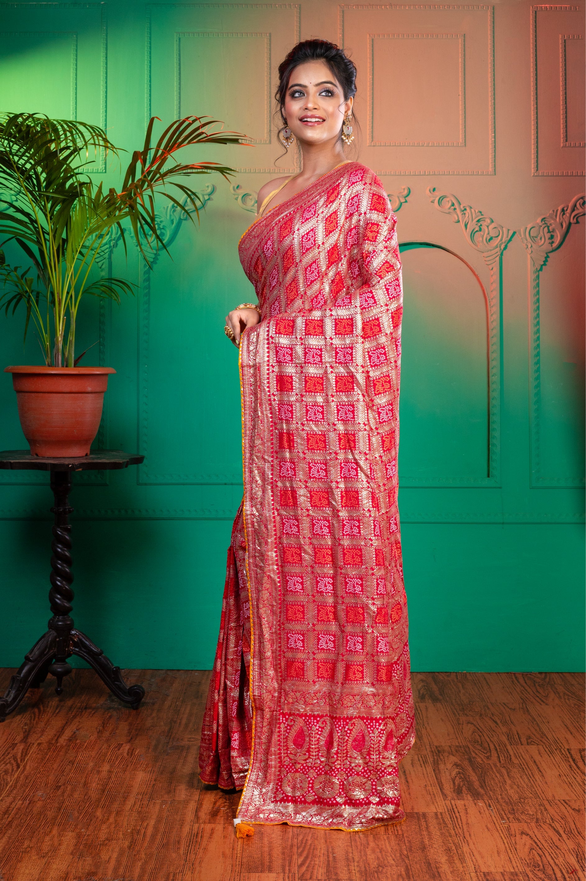 Women's Red And Pink Banarasi Bandhej Saree - Aanika