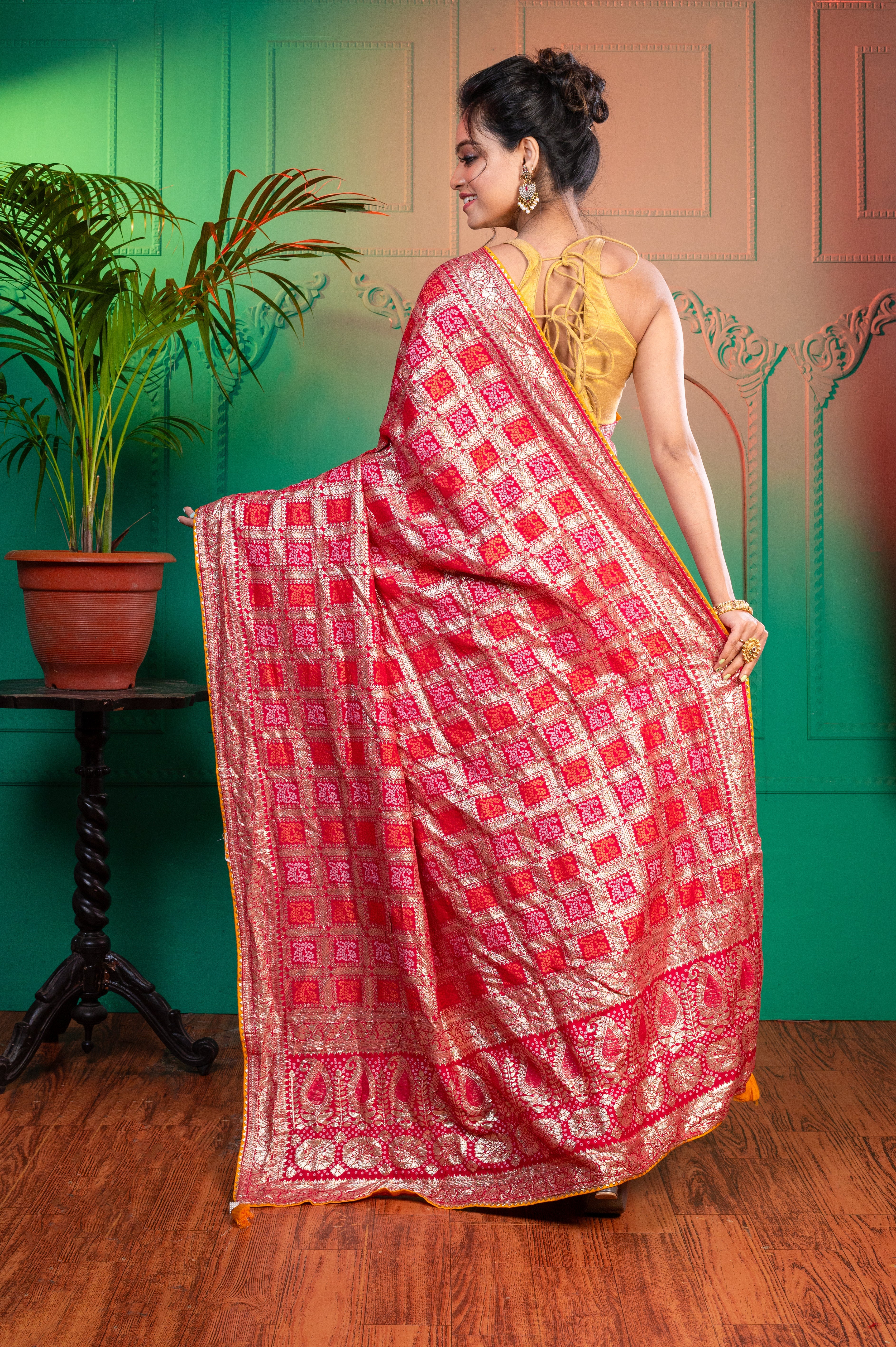 Women's Red And Pink Banarasi Bandhej Saree - Aanika