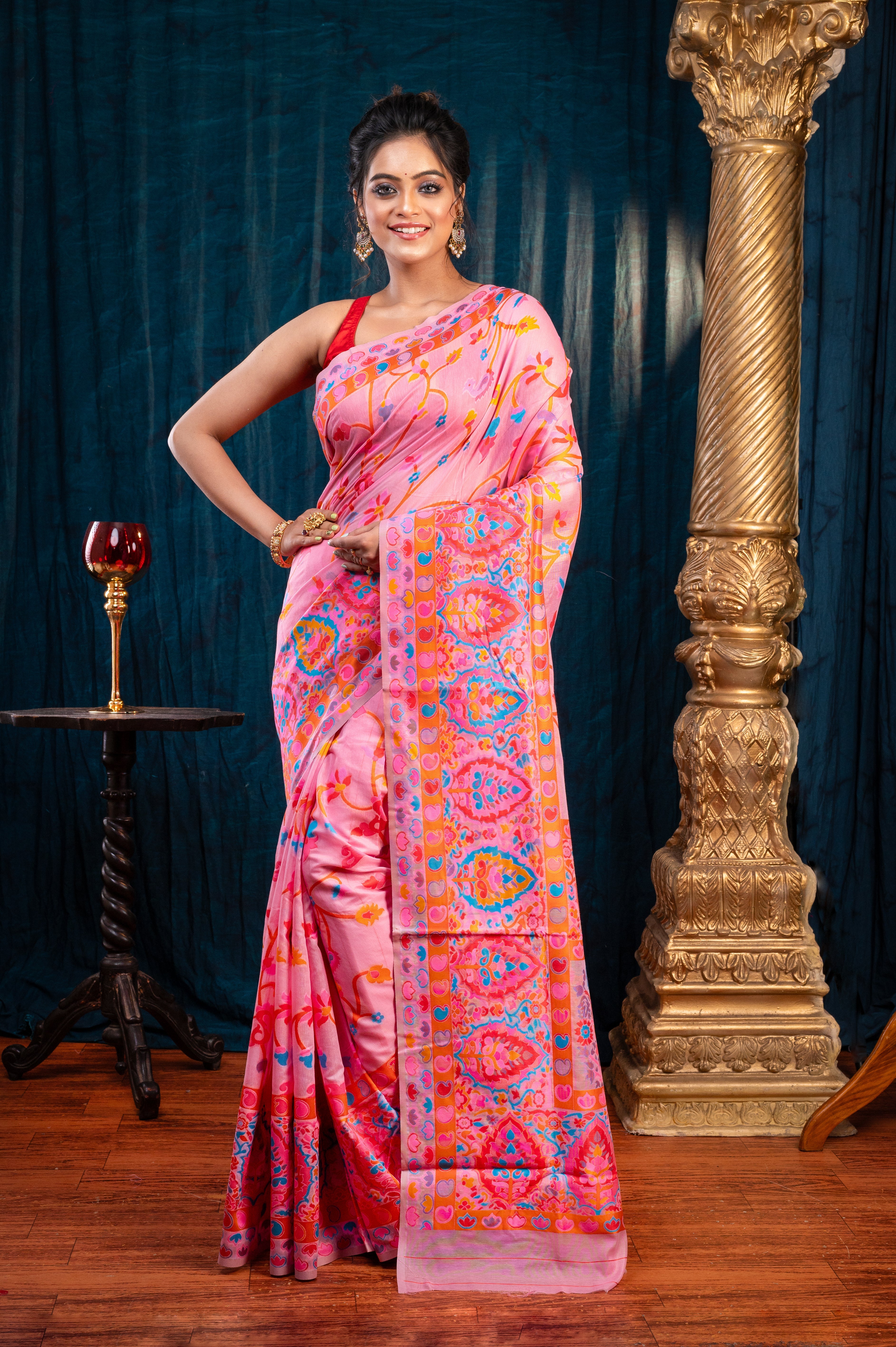 Women's Pink Banarasi Soft Silk Saree With Multicolor Kashmiri Motifs - Aanika